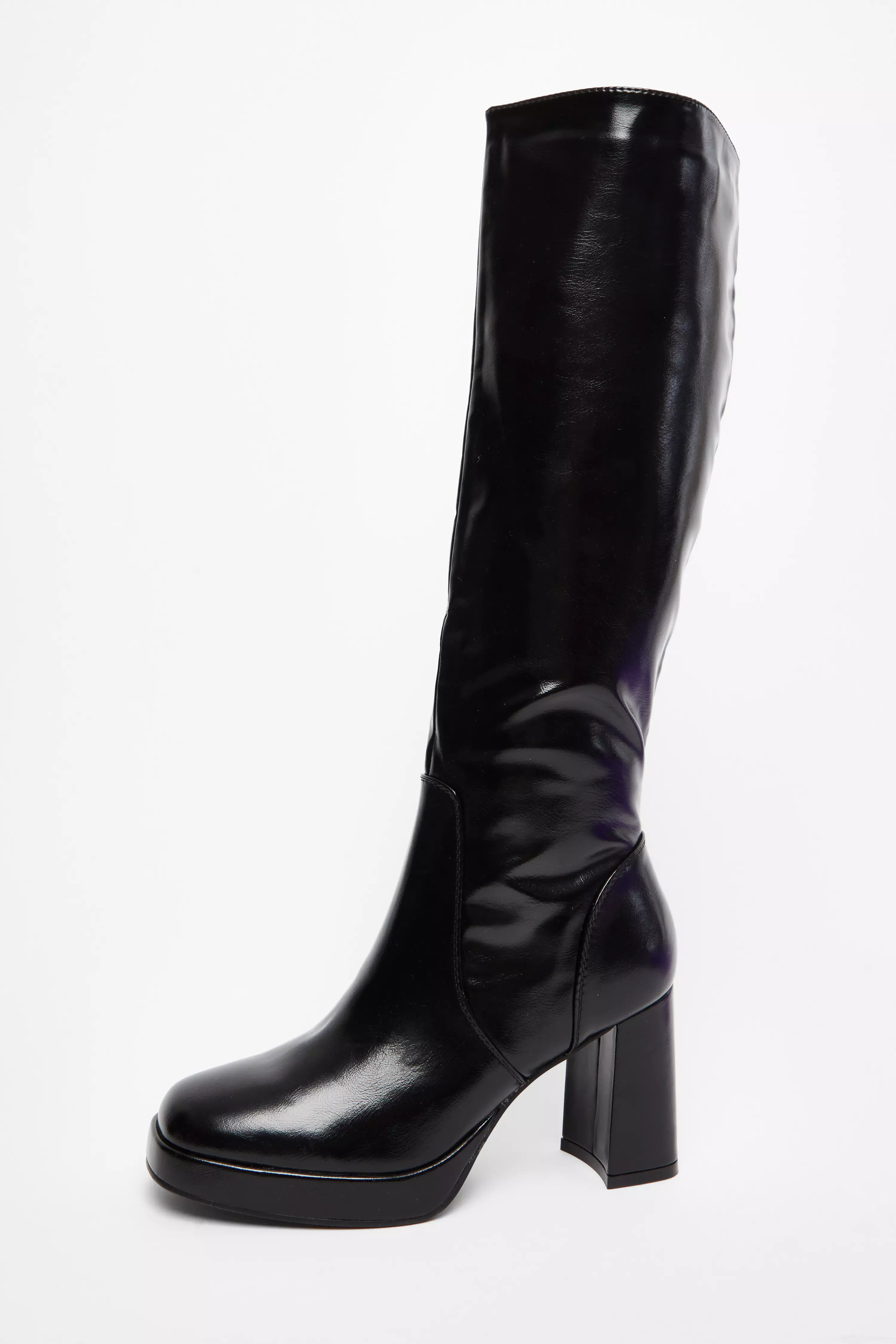 Black Faux Leather Knee High Boots