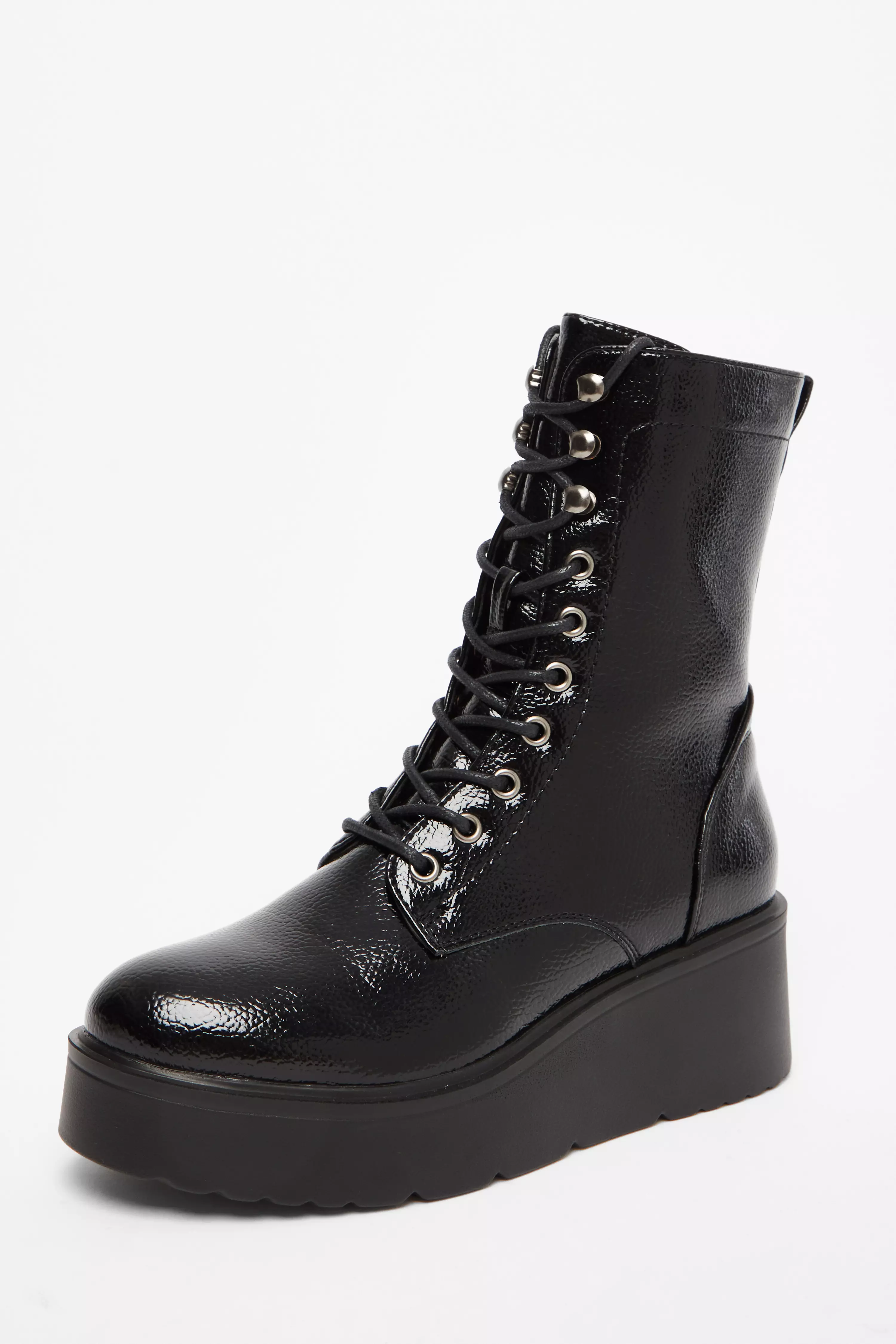 Black Faux Leather Lace Up Wedged Ankle Boots