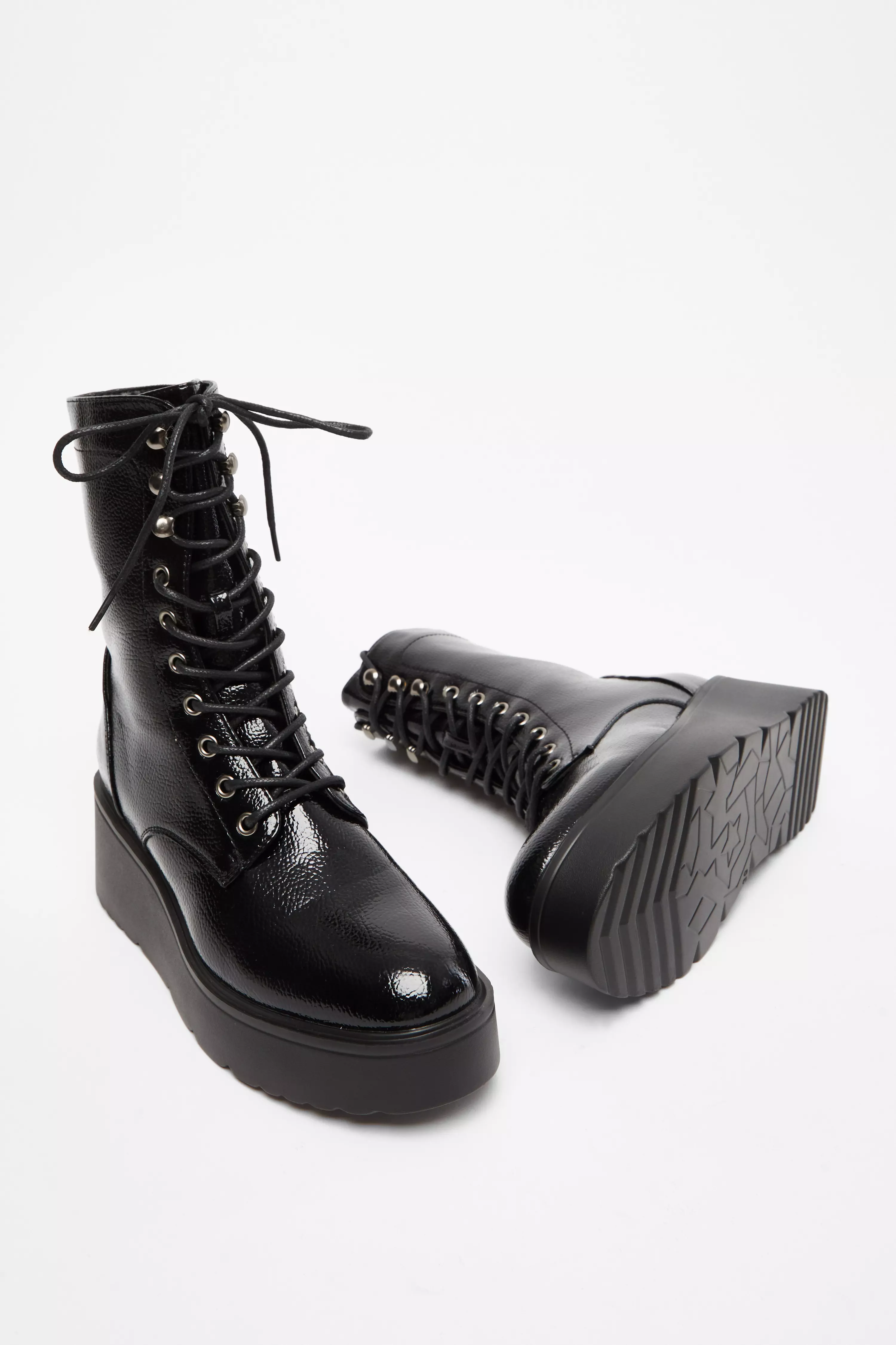 Black Faux Leather Lace Up Wedged Ankle Boots