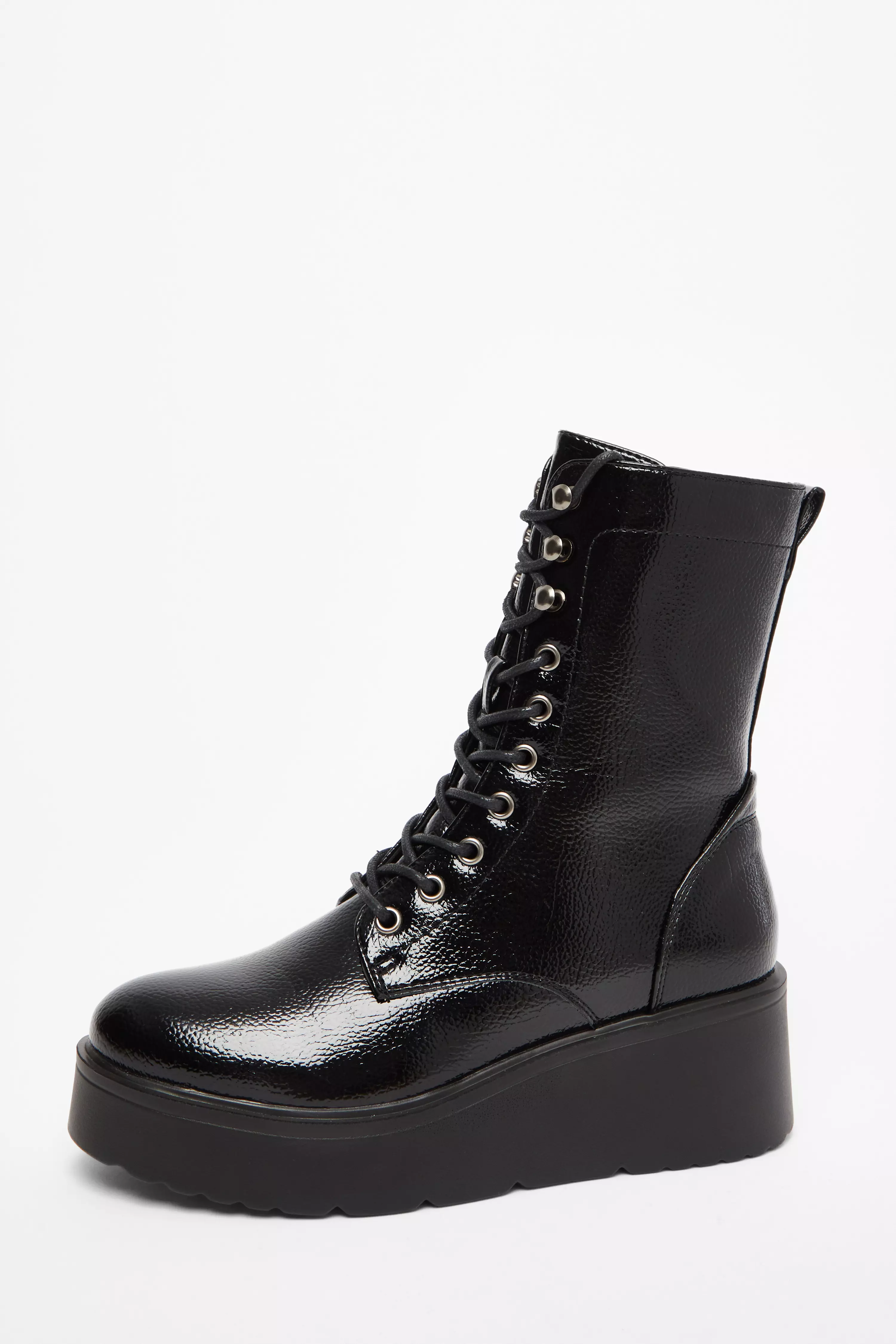 Black Faux Leather Lace Up Wedged Ankle Boots