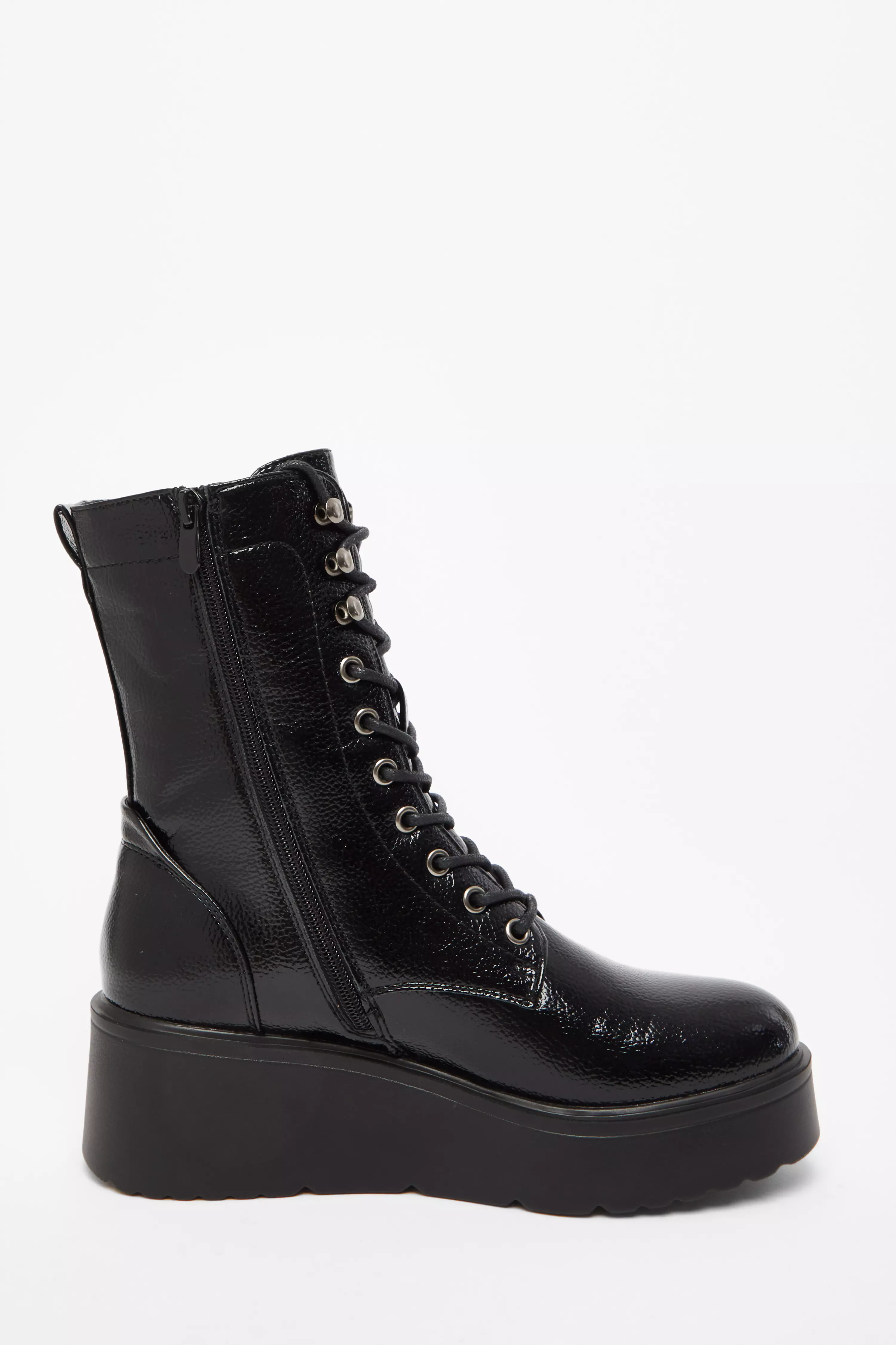 Black Faux Leather Lace Up Wedged Ankle Boots