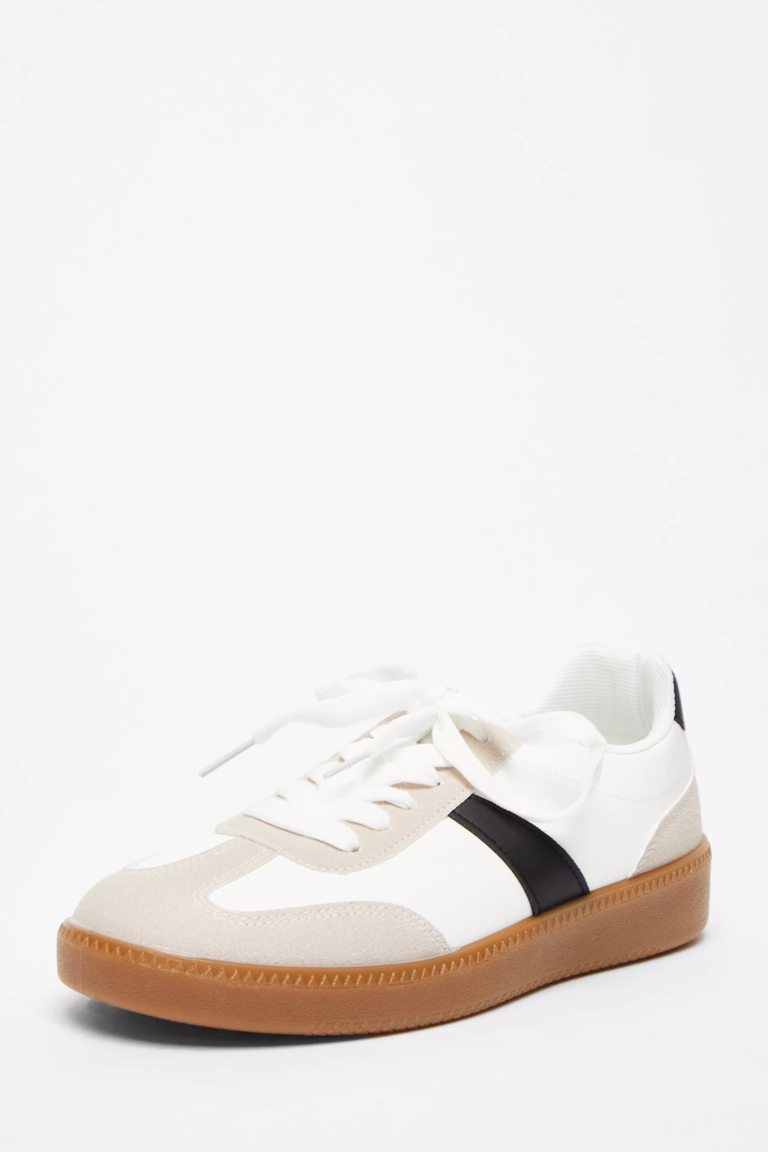 White Faux Leather Striped Trainer