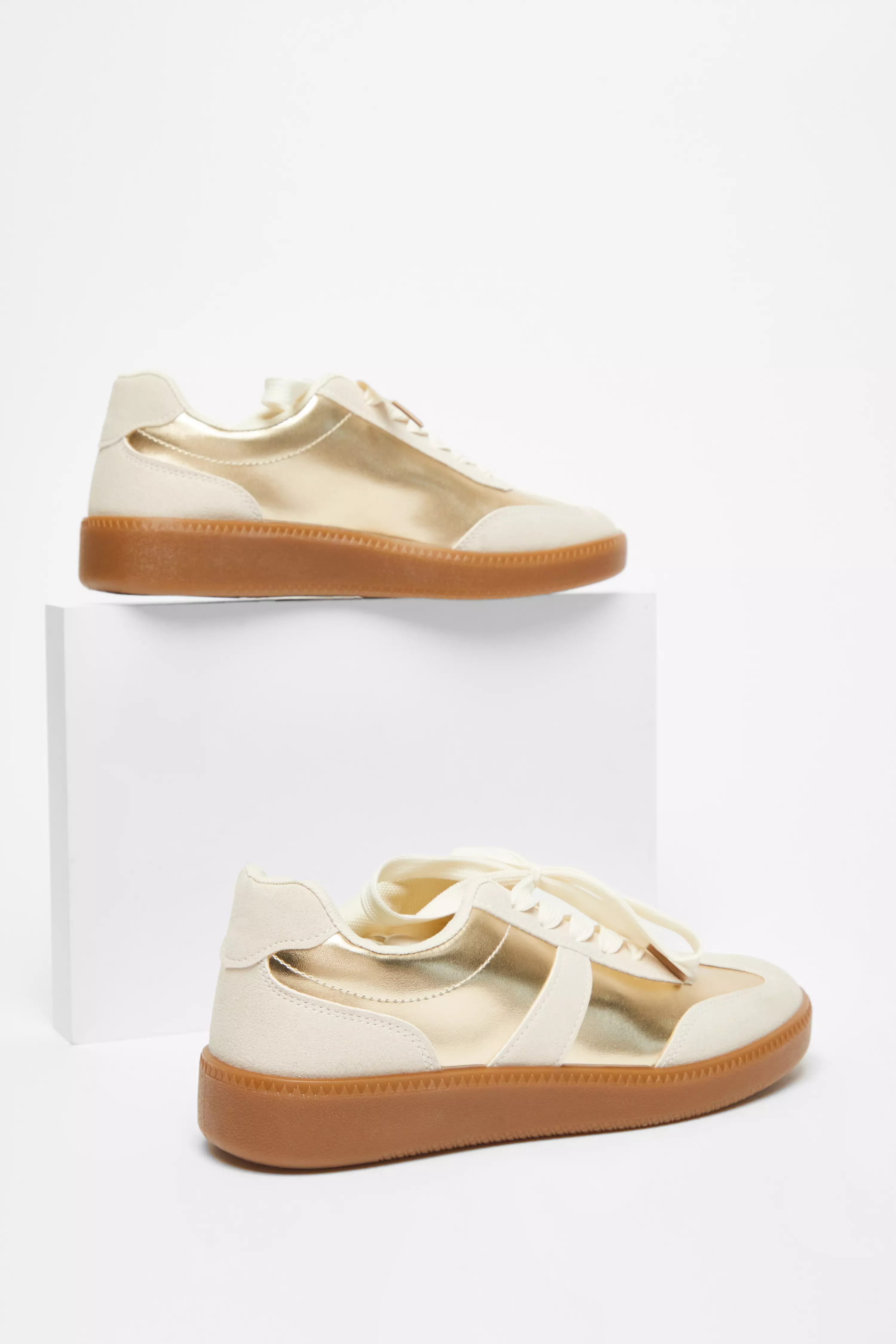 Gold Faux Leather Striped Trainer