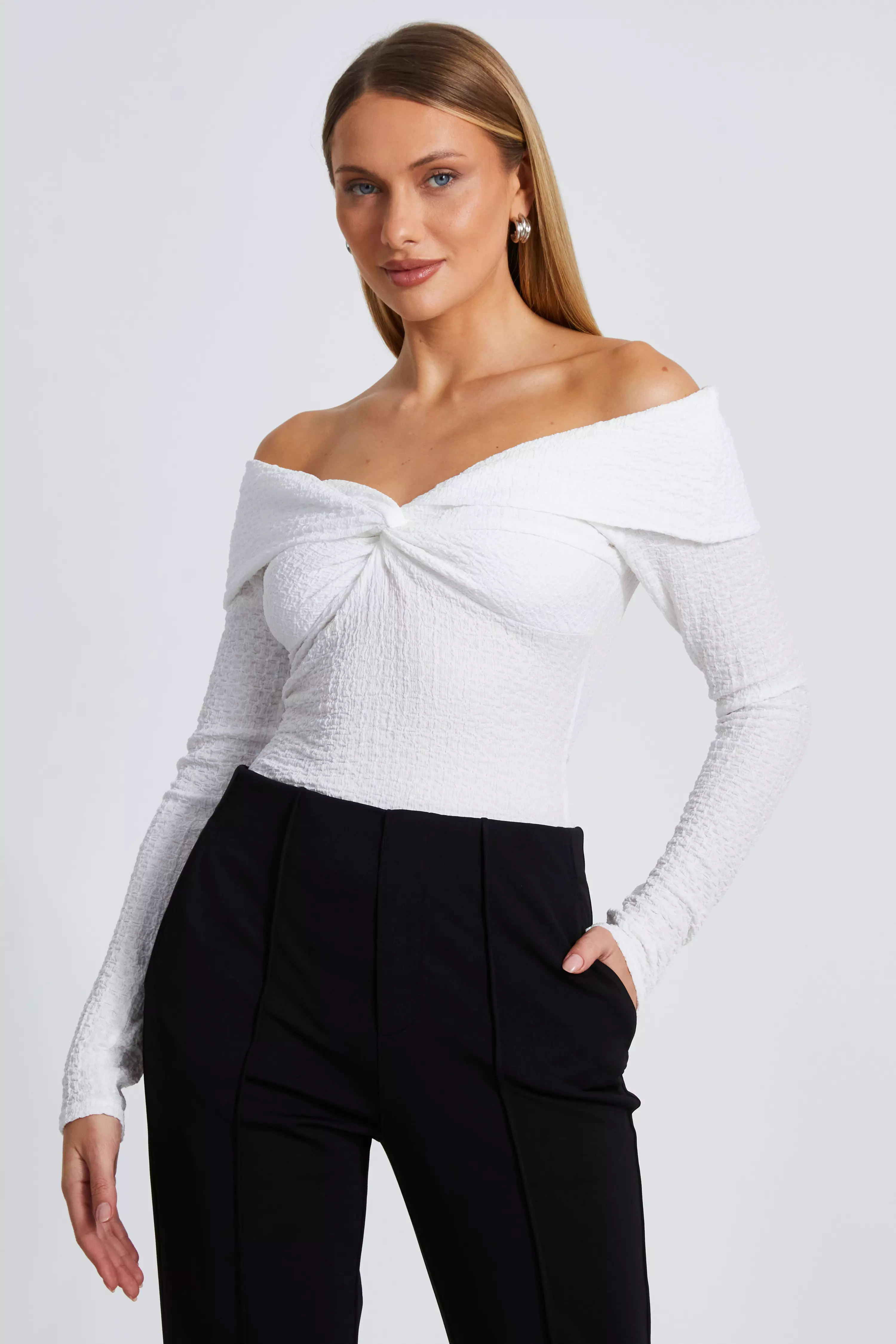 Cream Textured Bardot Top