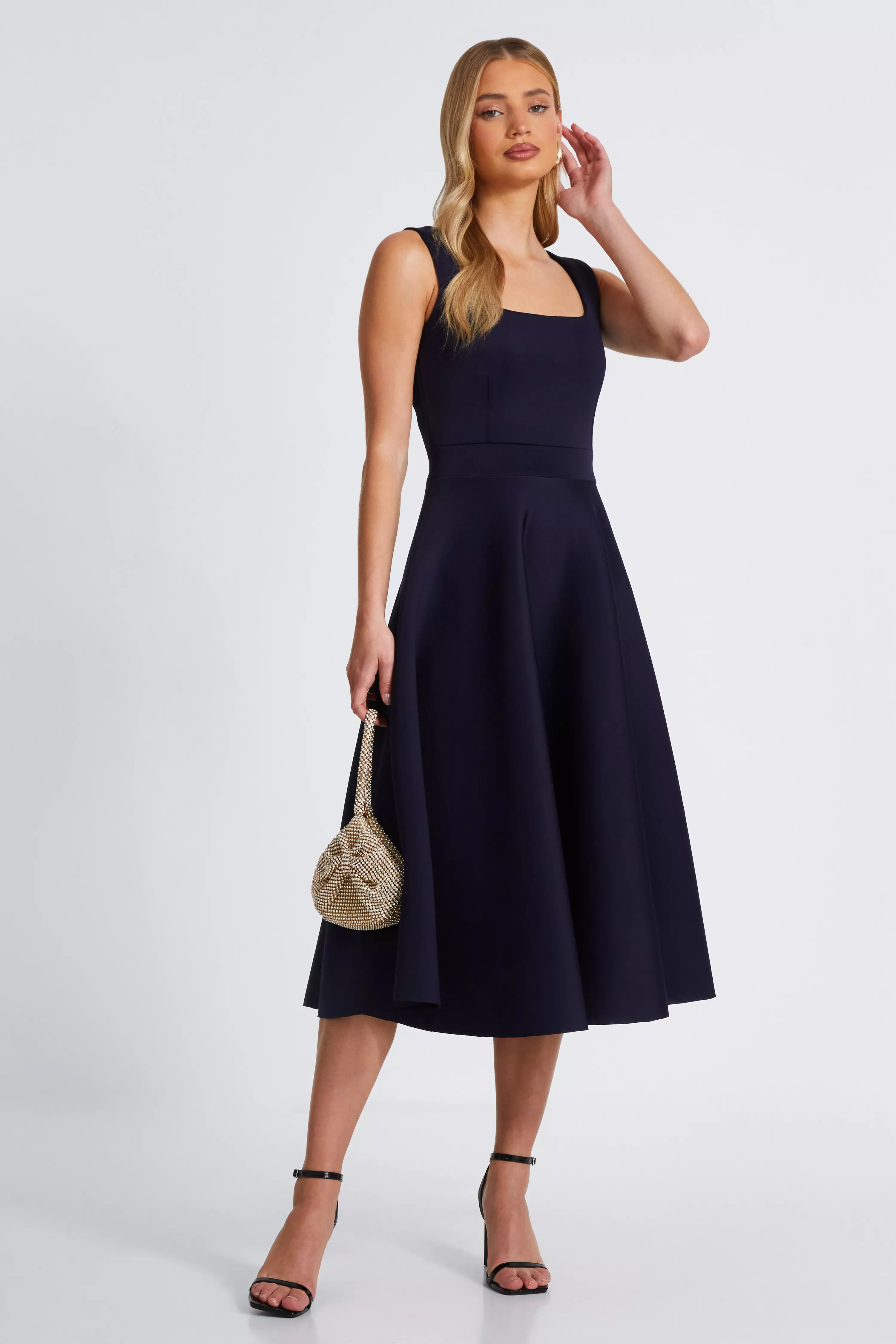 Navy Square Neckline Skater Dress