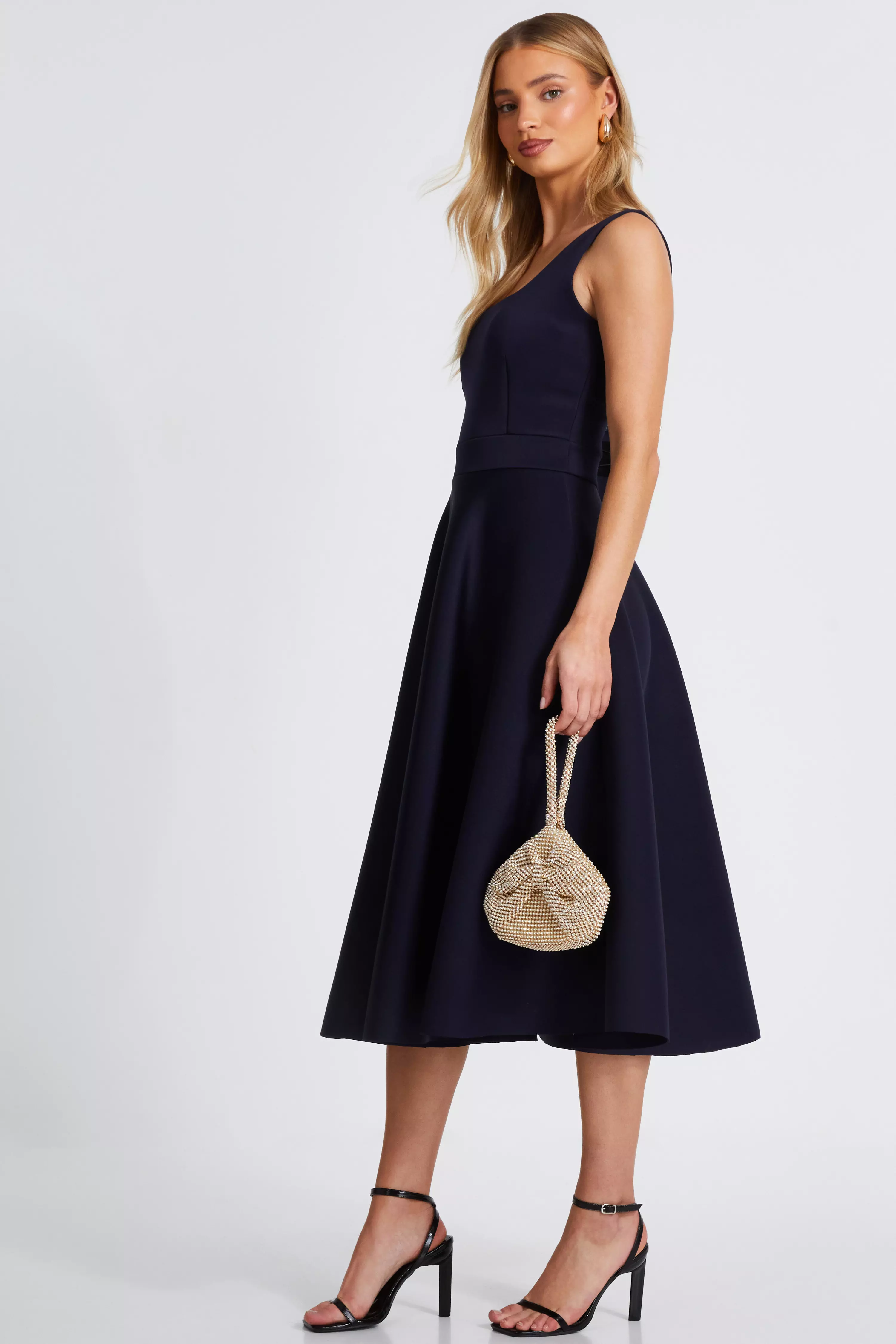 Navy Square Neckline Skater Dress