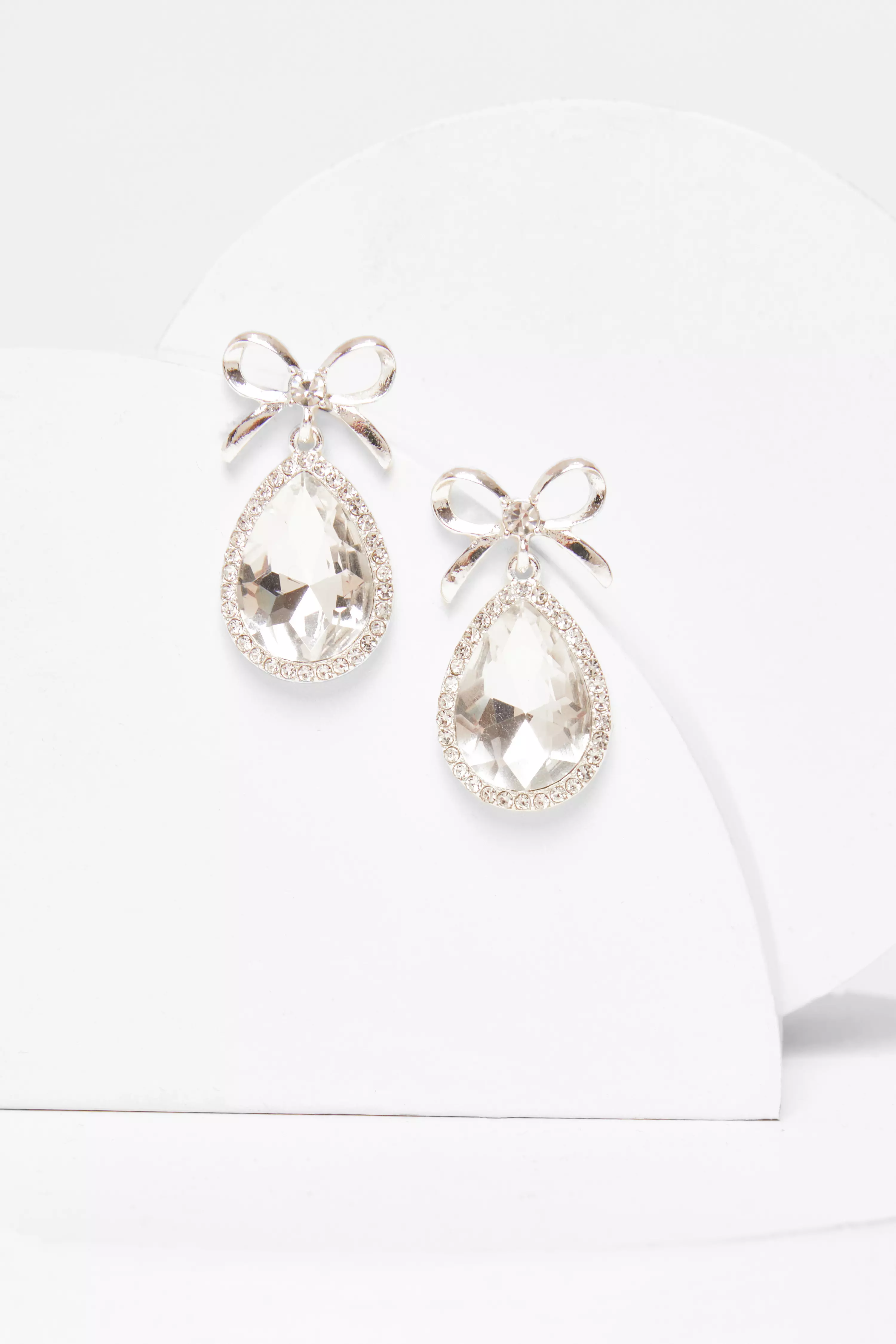 Silver Bow Tear Drop Earrings