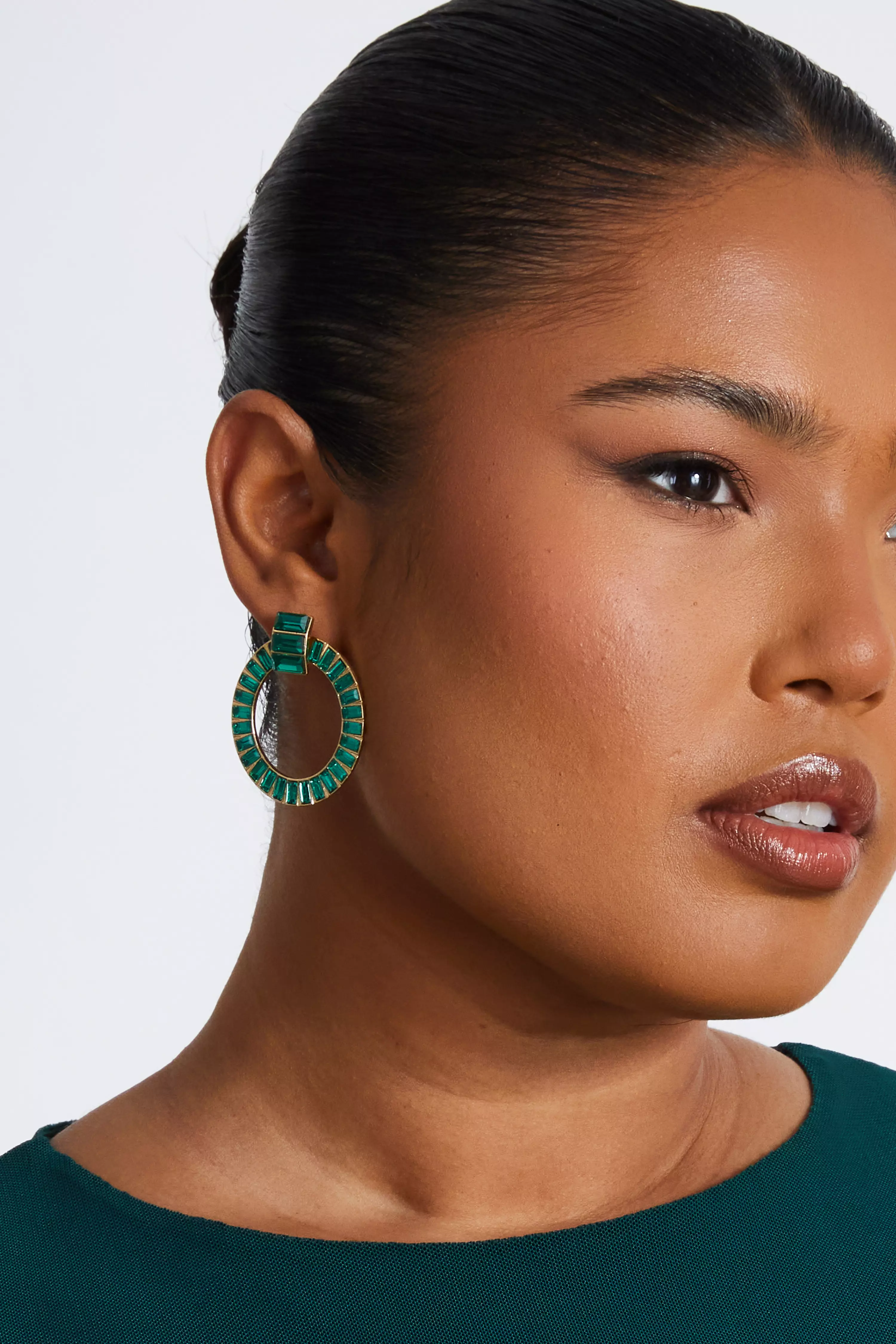 Green Baguette Hoop Earrings