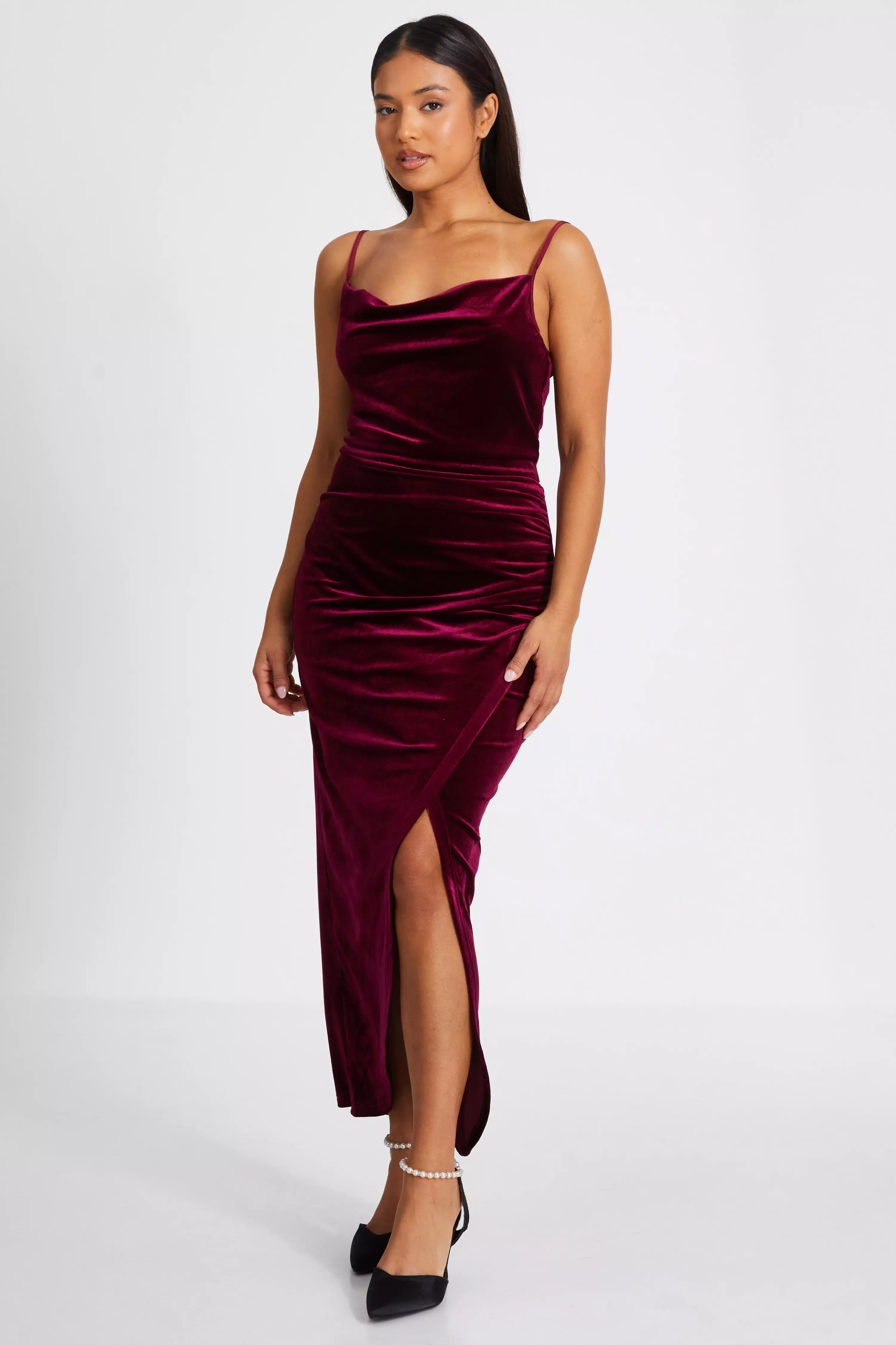 Petite Dark Red Cowl Neck Midaxi Dress 