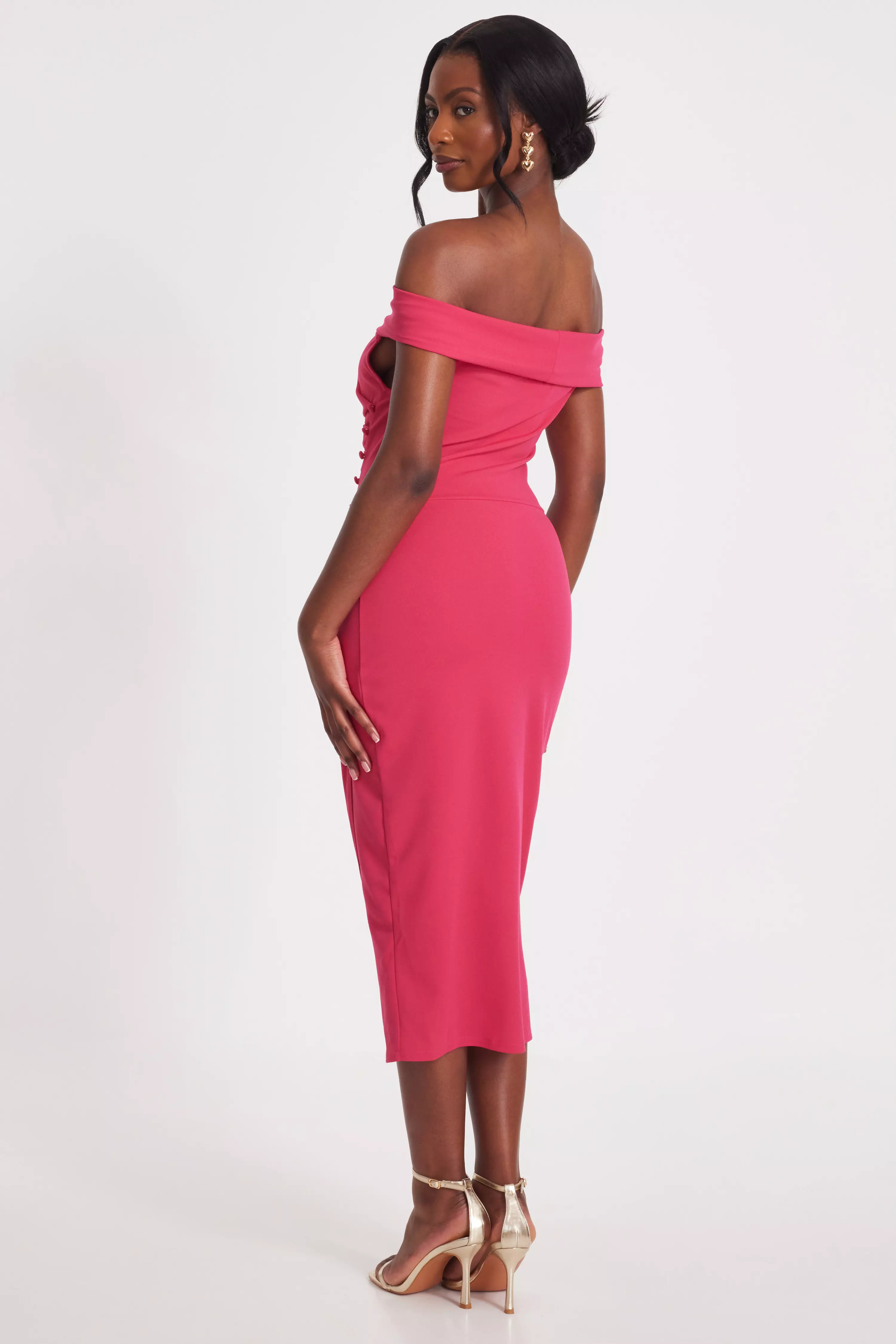 Pink Bardot Ruched Midi Dress