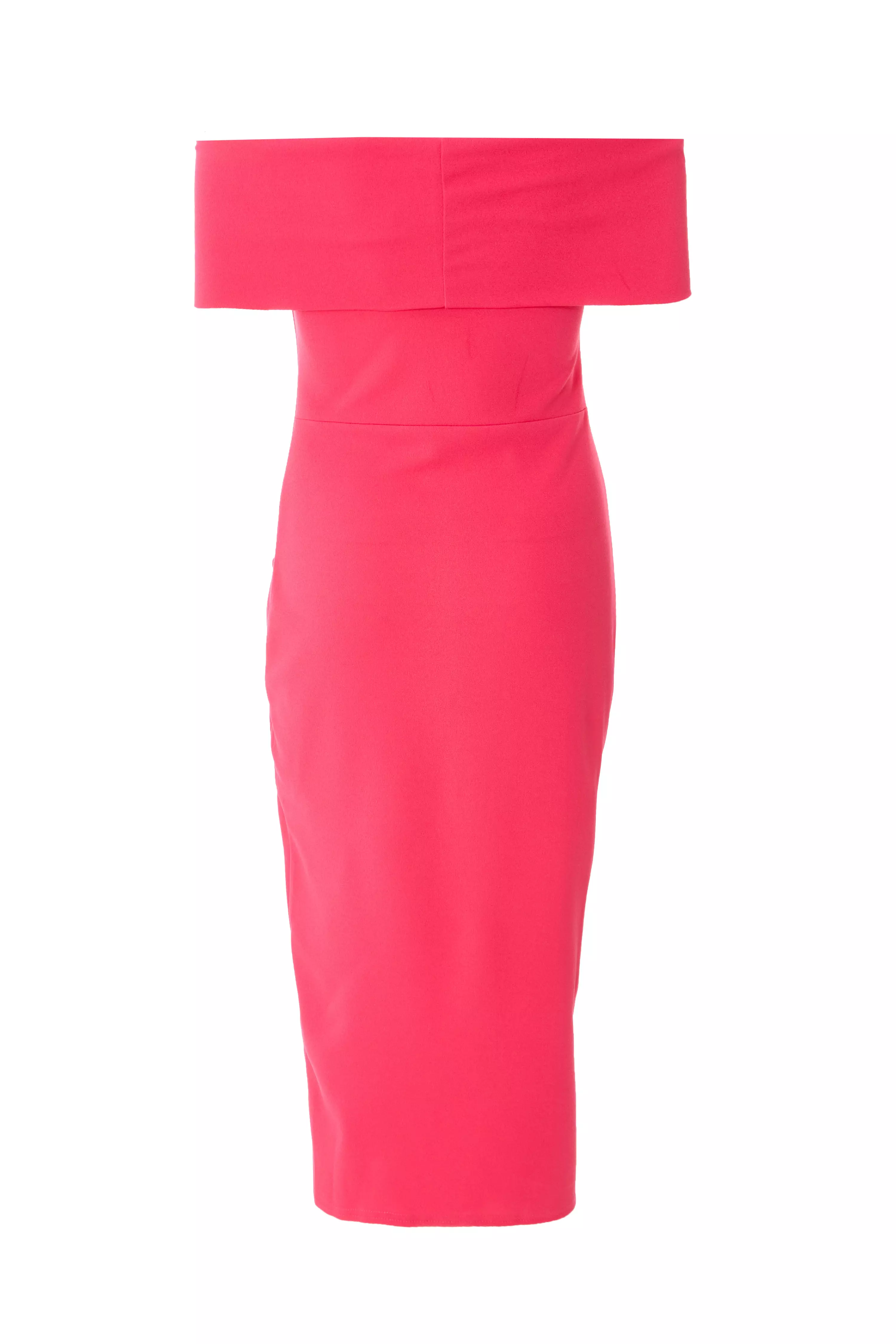 Pink Bardot Ruched Midi Dress