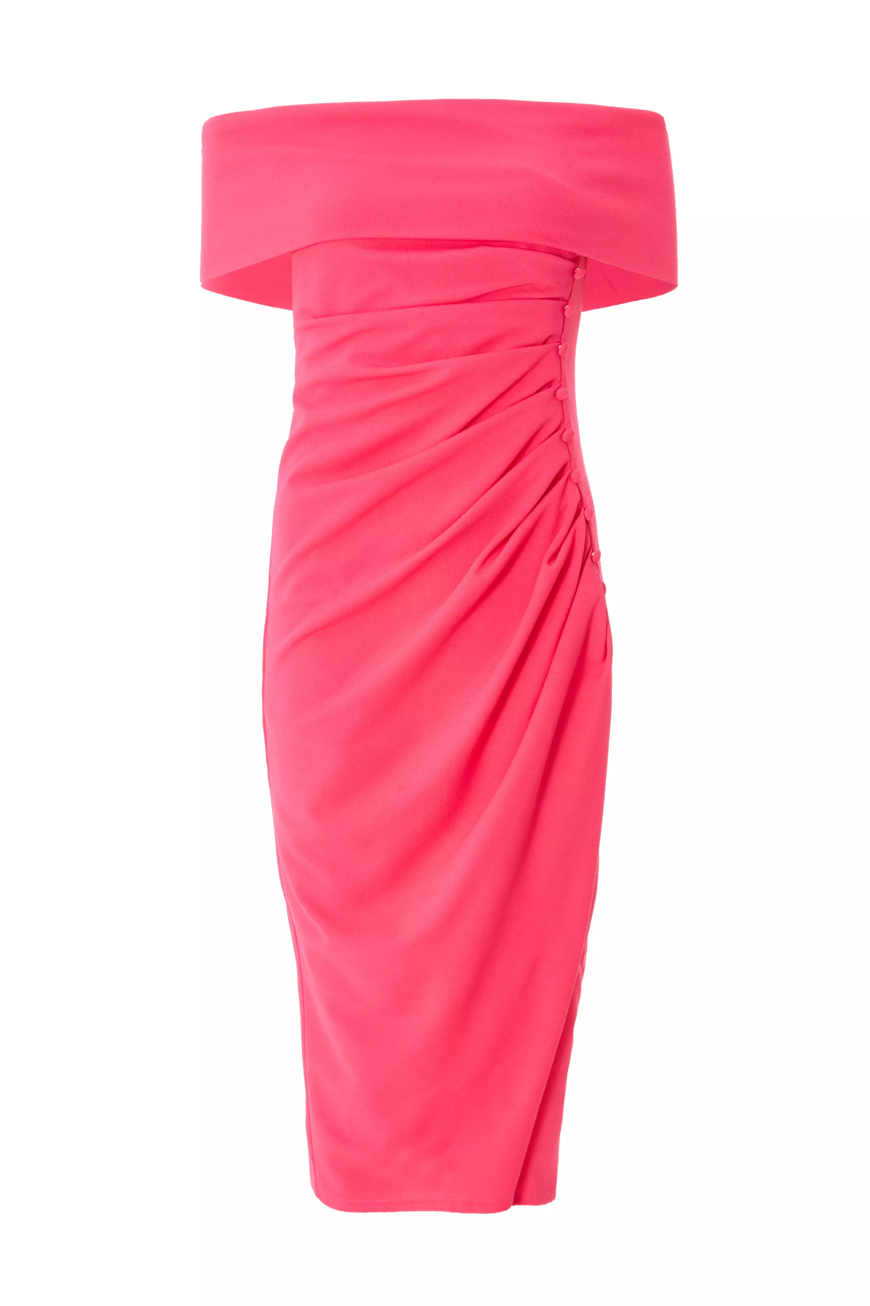 Pink Bardot Ruched Midi Dress