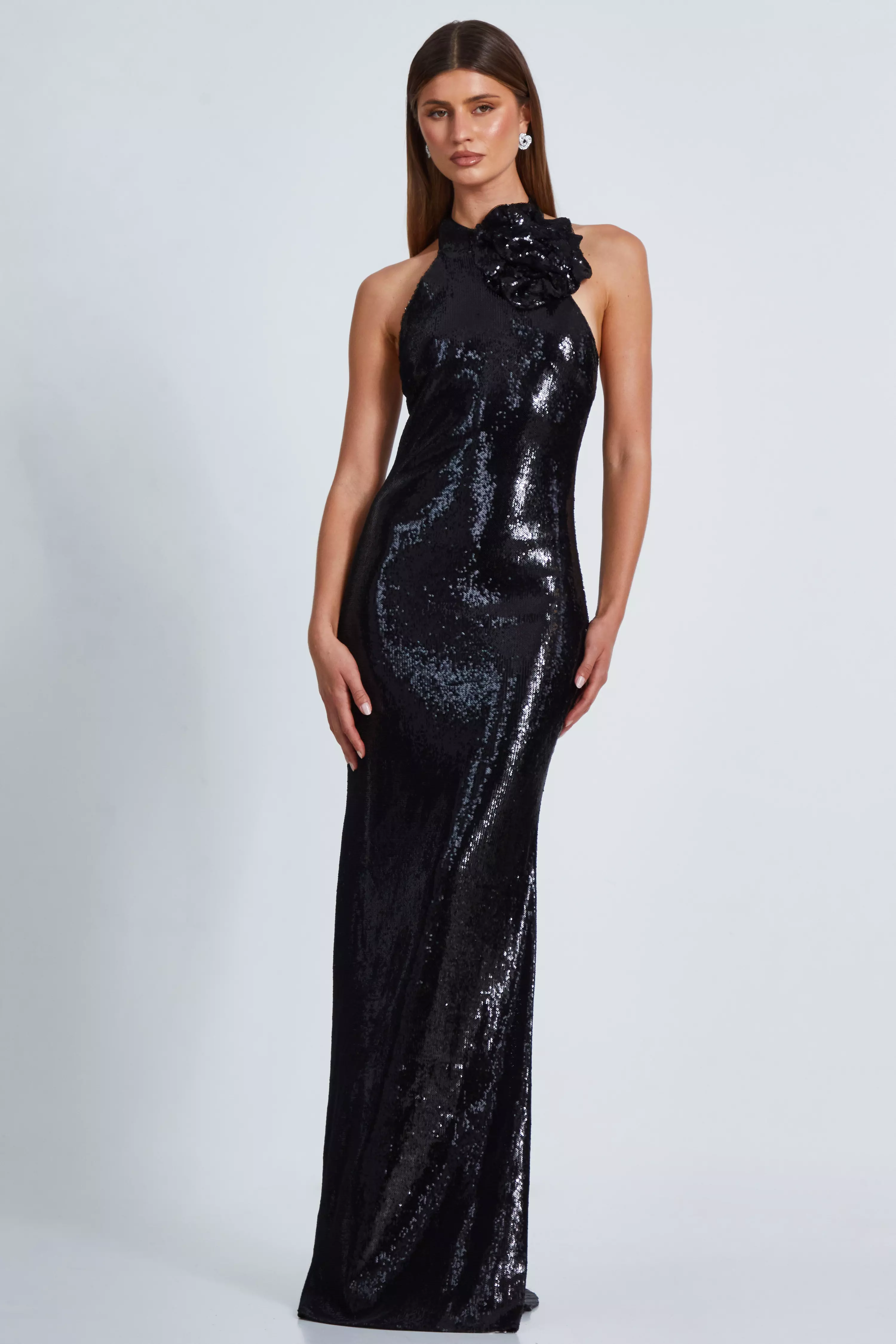 Black Corsage High Neck Sequin Maxi Dress 