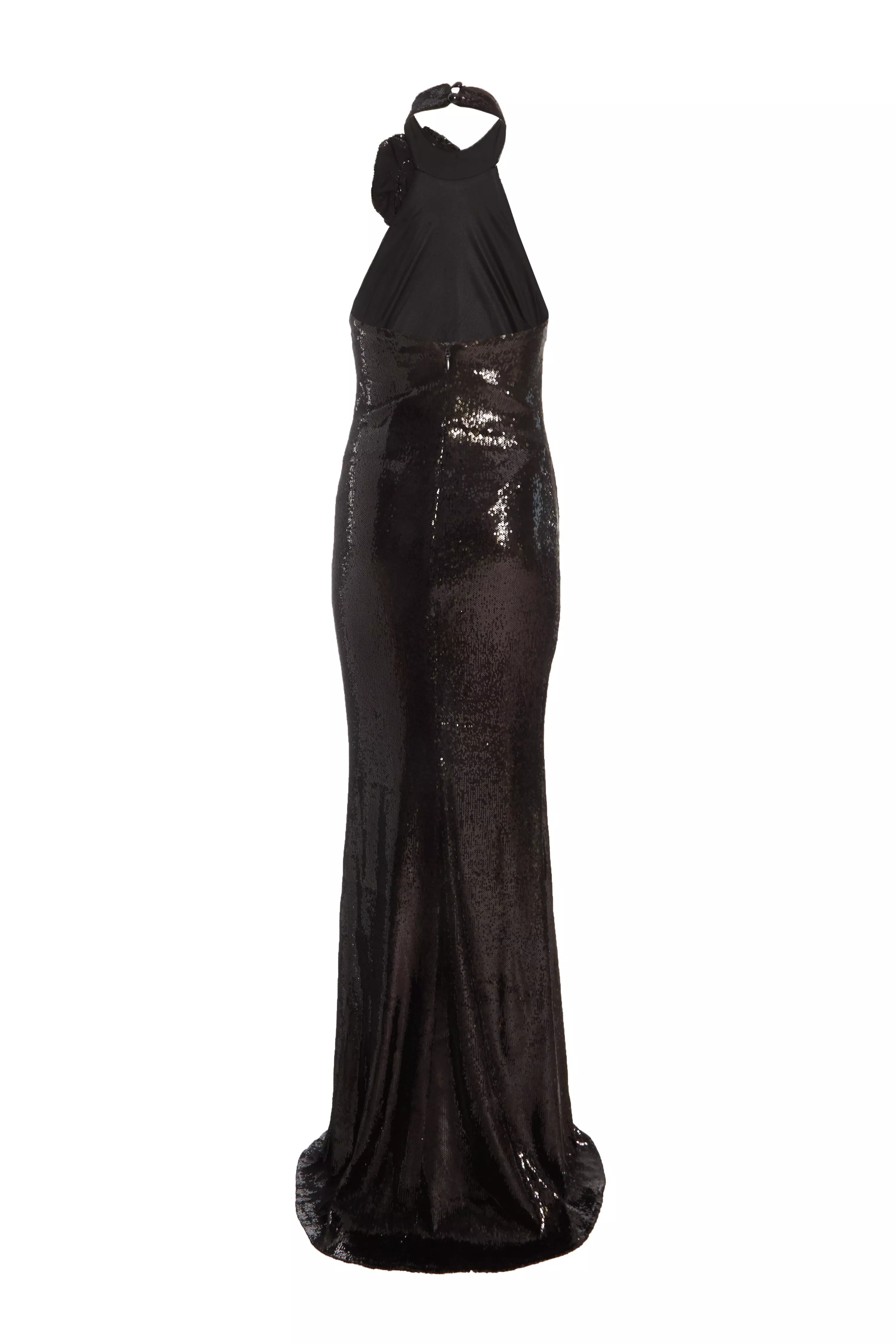 Black Corsage High Neck Sequin Maxi Dress 