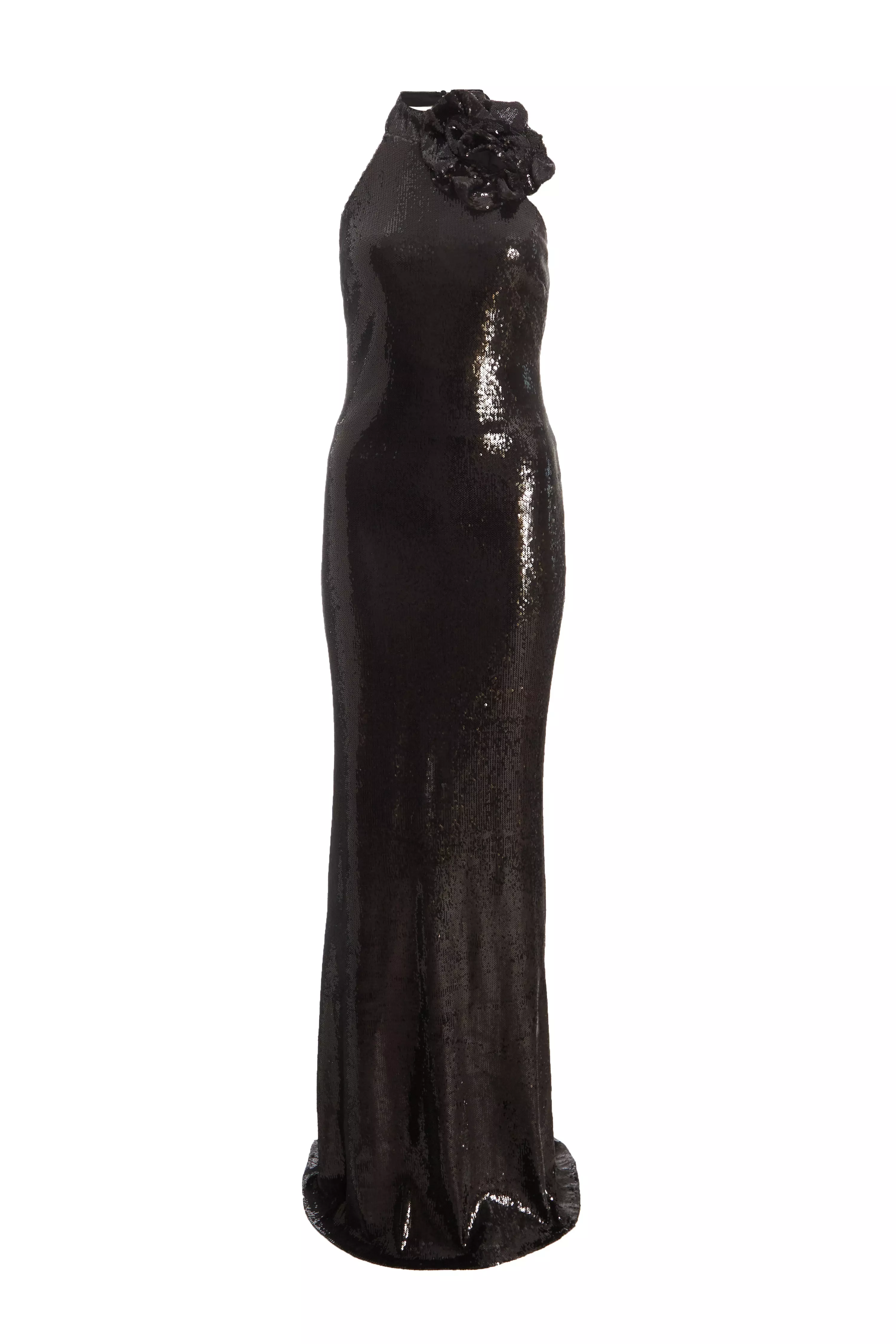 Black Corsage High Neck Sequin Maxi Dress 