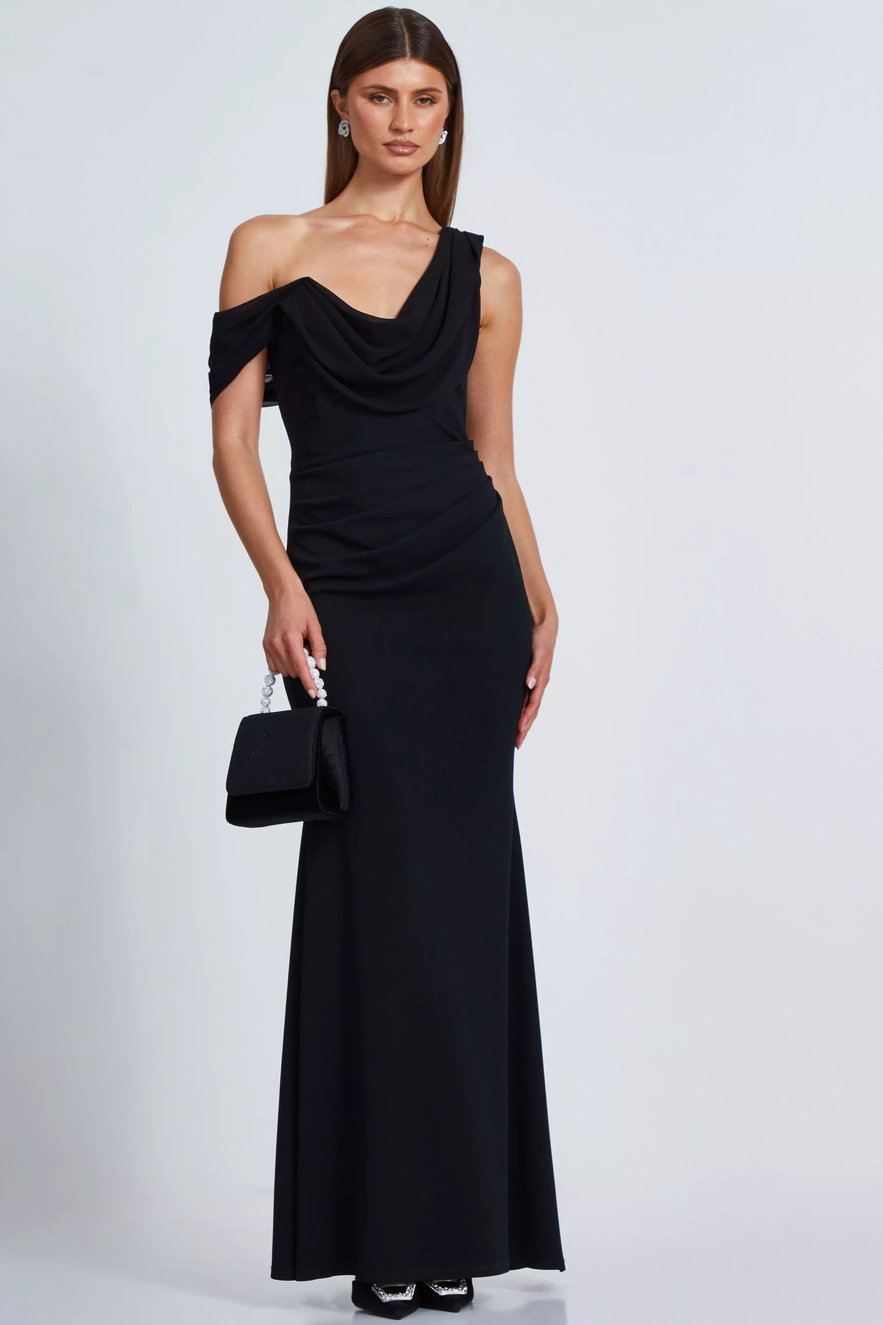 Black Chiffon Cowl Neck Maxi Dress 