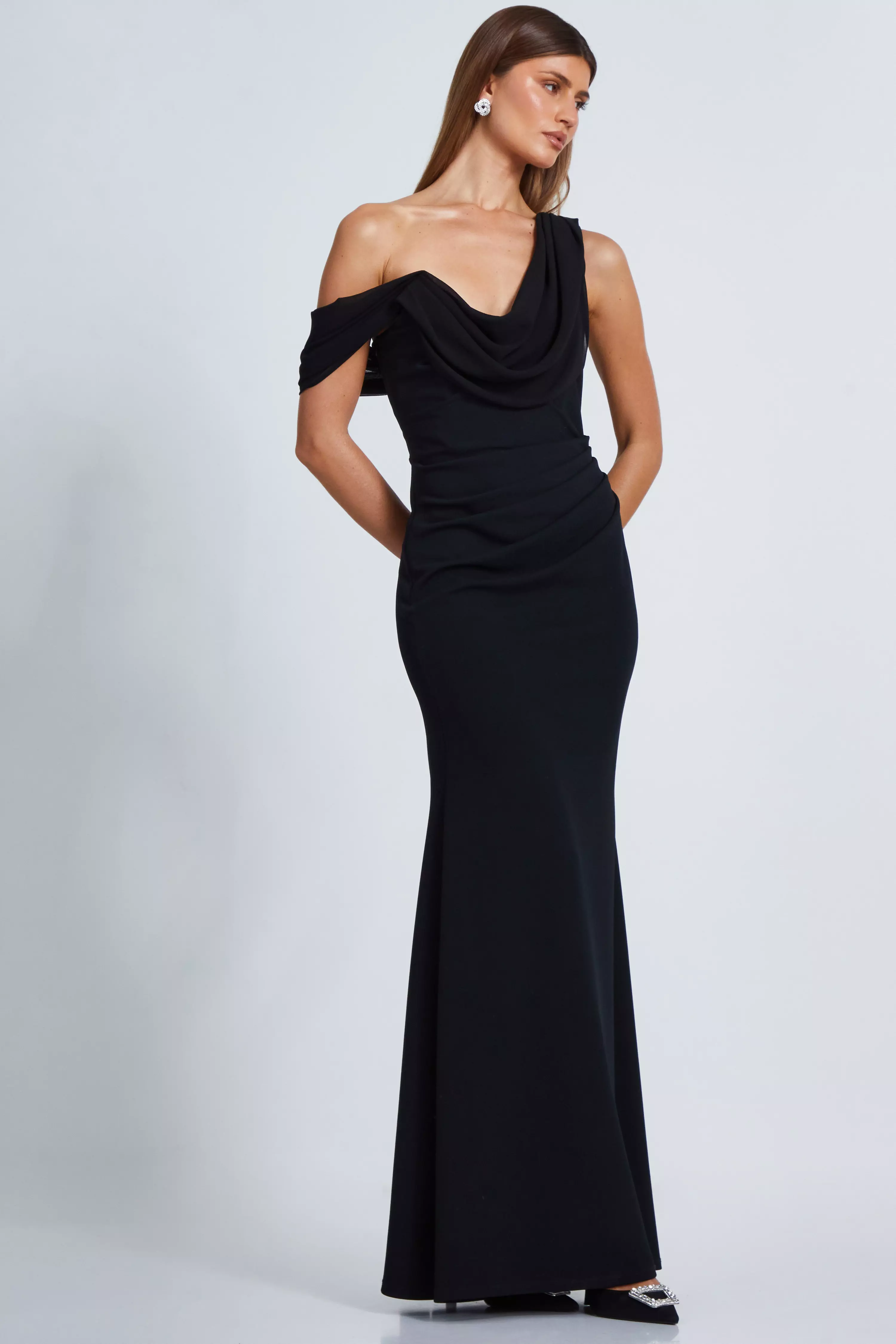 Black Chiffon Cowl Neck Maxi Dress 