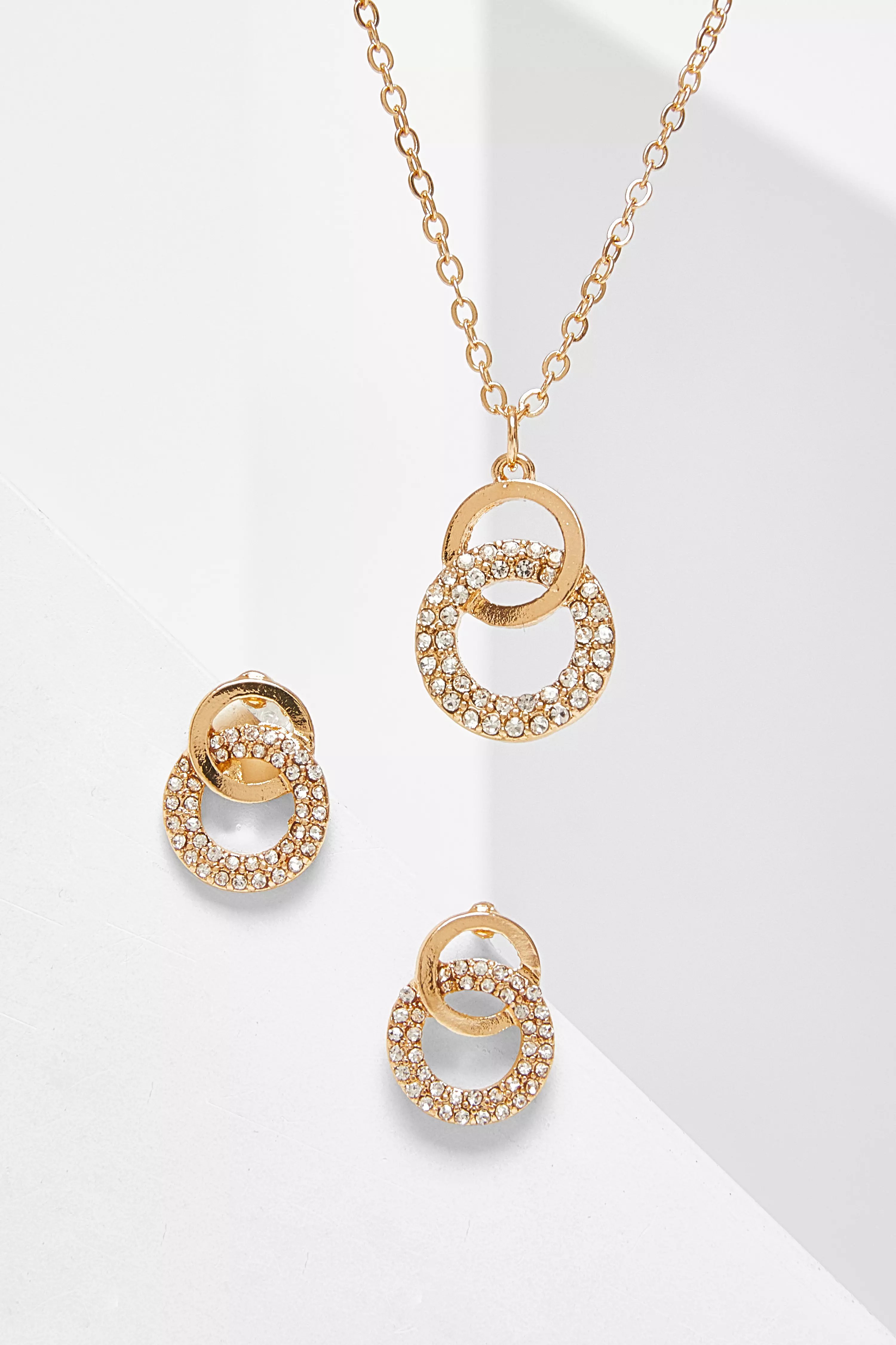 Gold Double Circle Diamante Jewellery Set