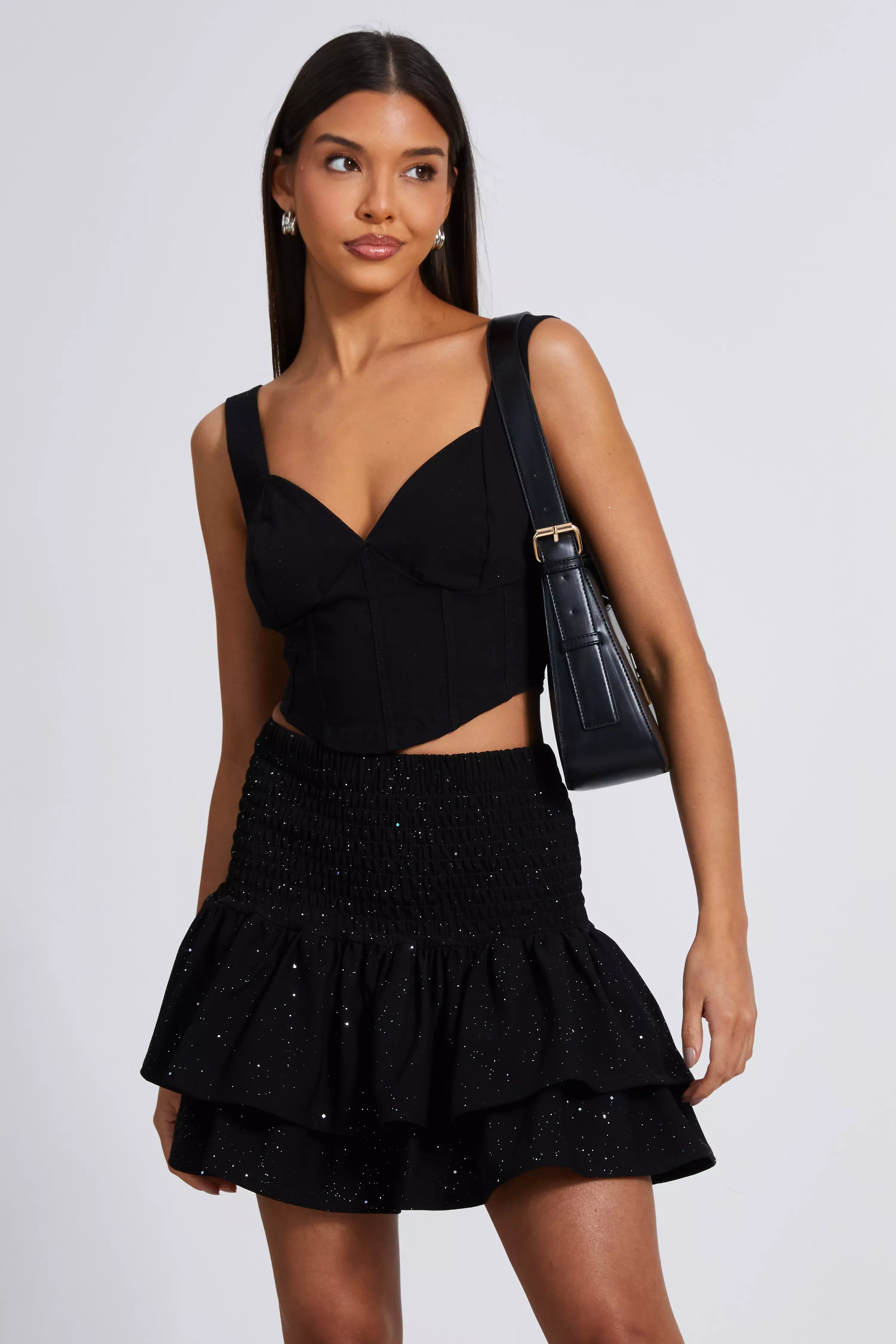 Black Glitter Shirred Waist Skirt