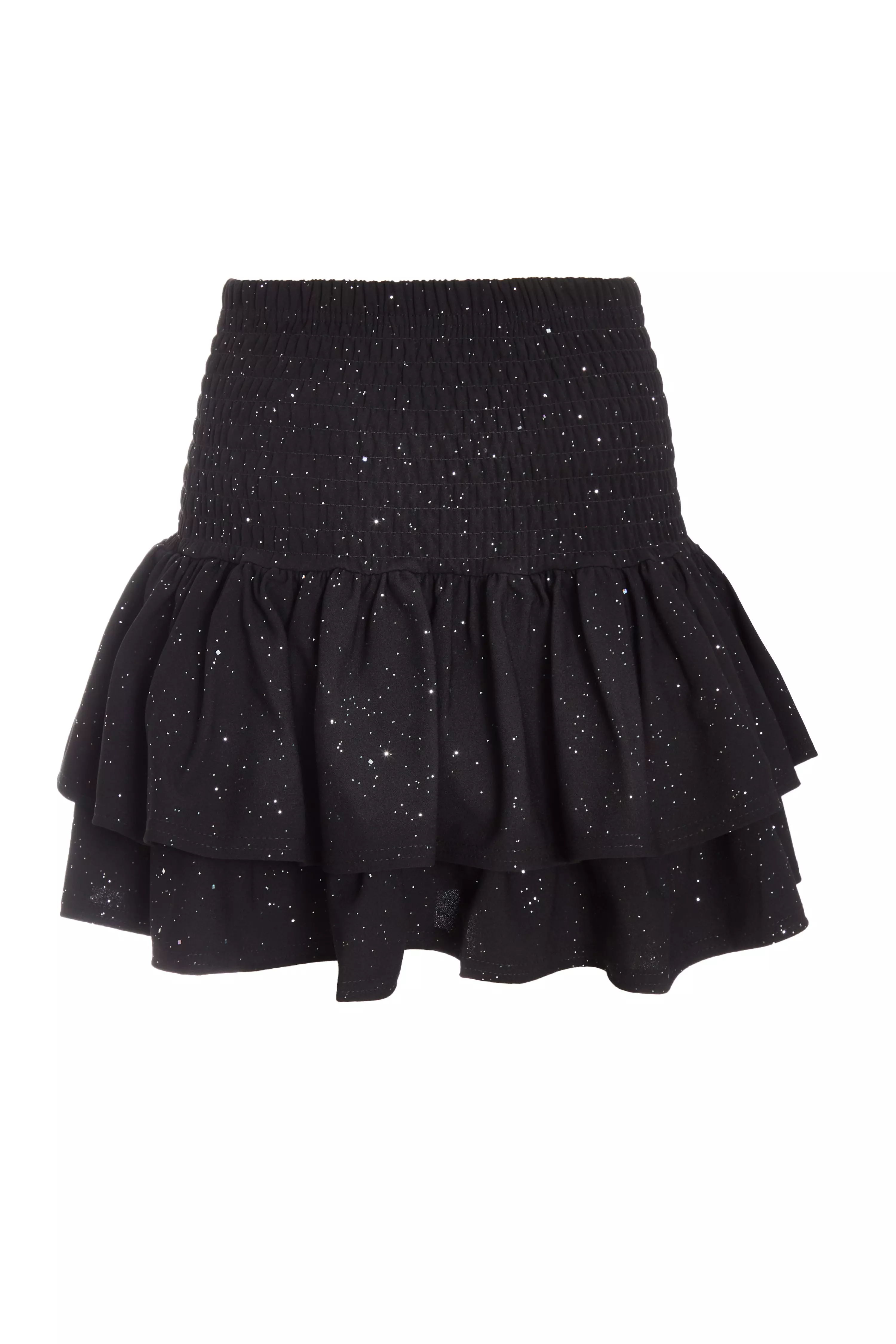 Black Glitter Shirred Waist Skirt