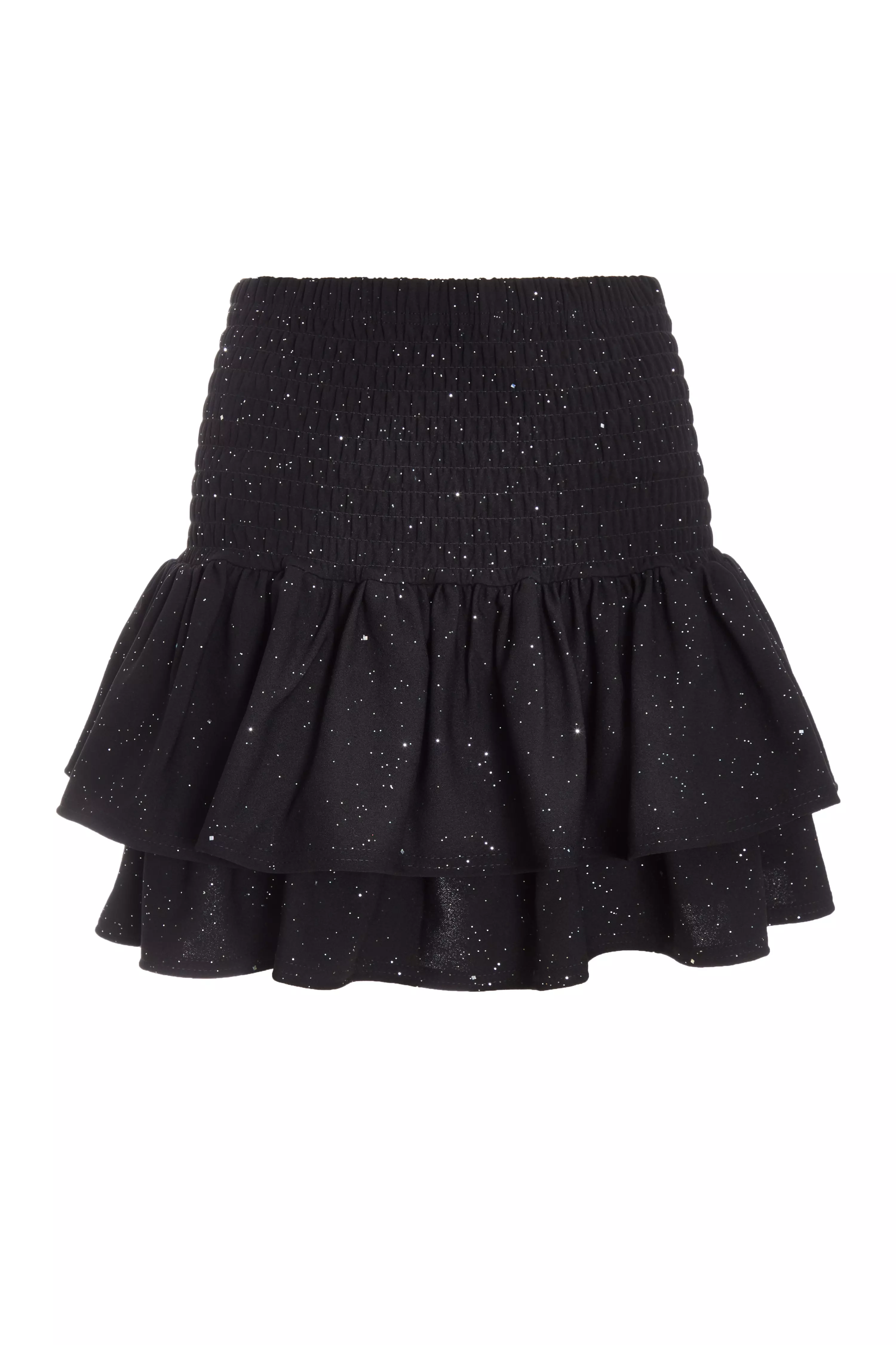 Black Glitter Shirred Waist Skirt