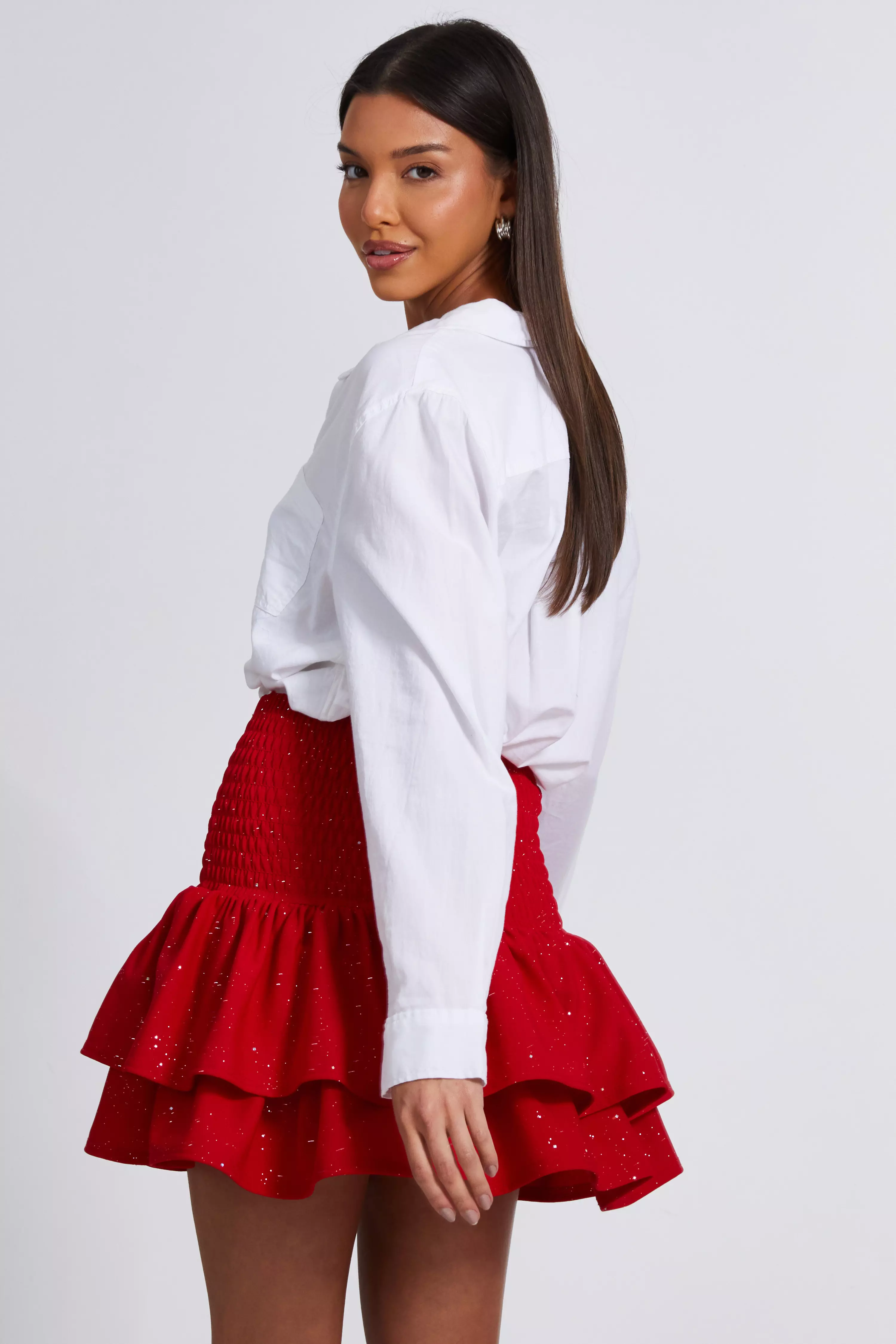 Red Glitter Shirred Waist Skirt