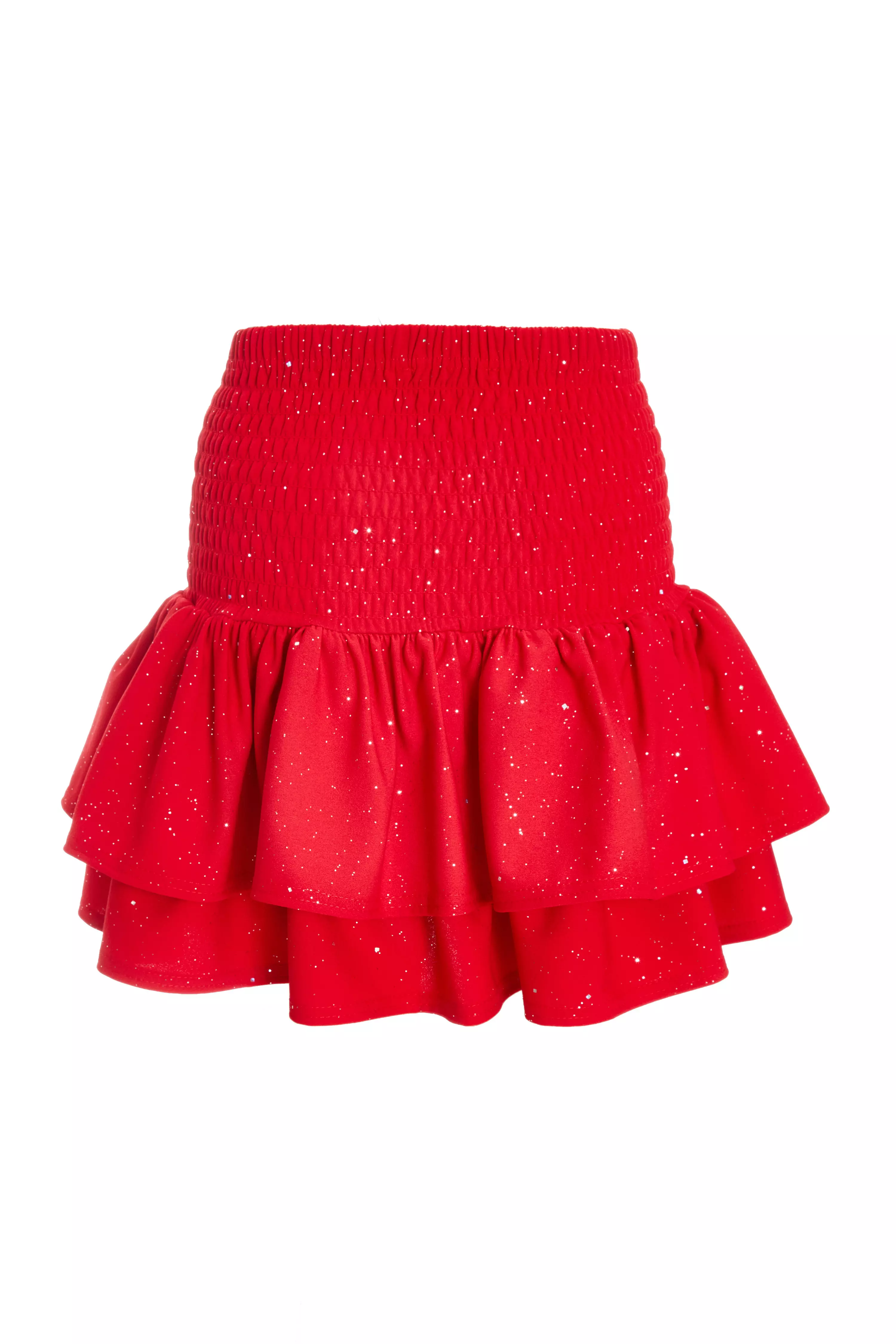 Red Glitter Shirred Waist Skirt