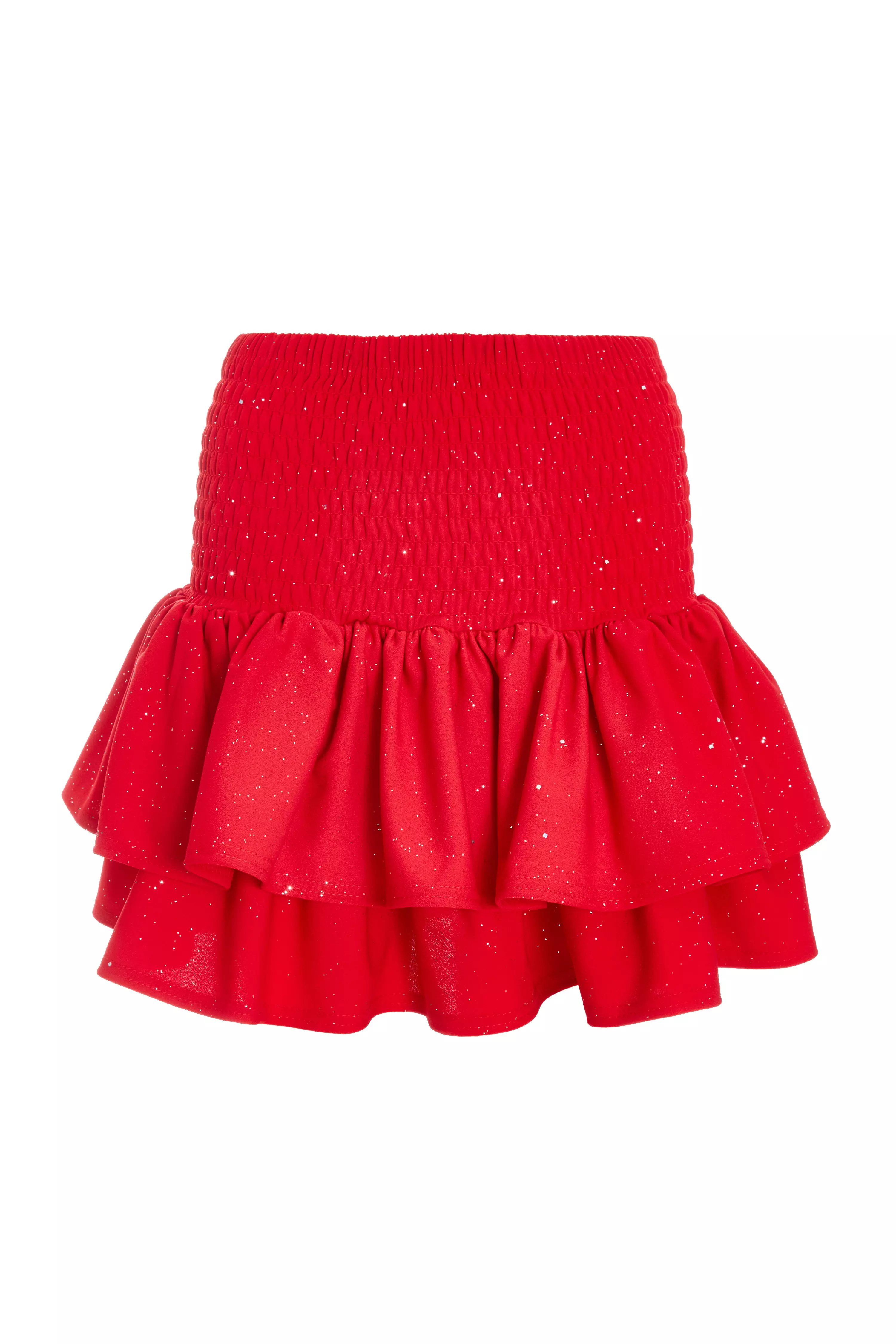 Red Glitter Shirred Waist Skirt