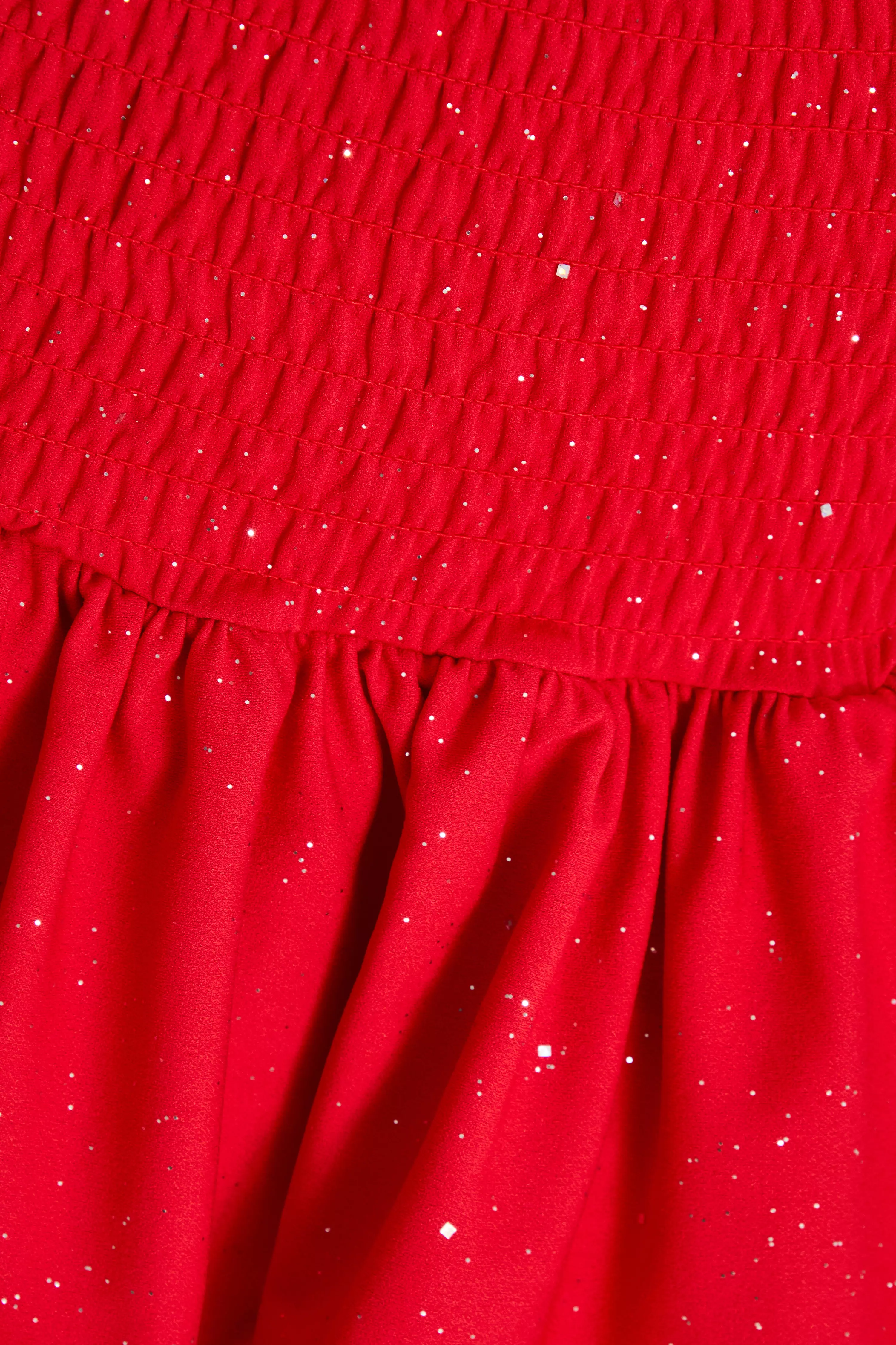 Red Glitter Shirred Waist Skirt