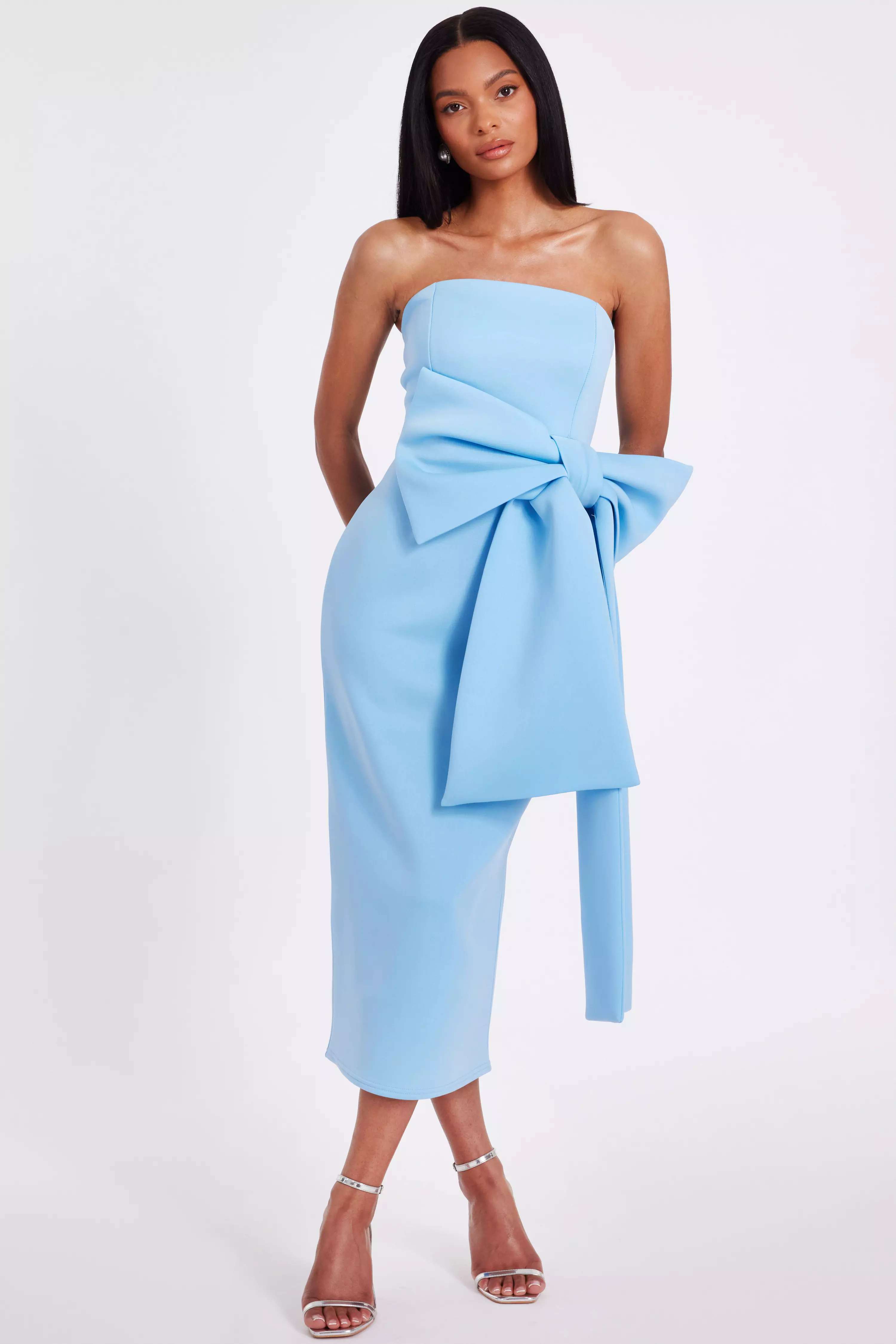 Pale Blue Strapless Bow Midi Dress