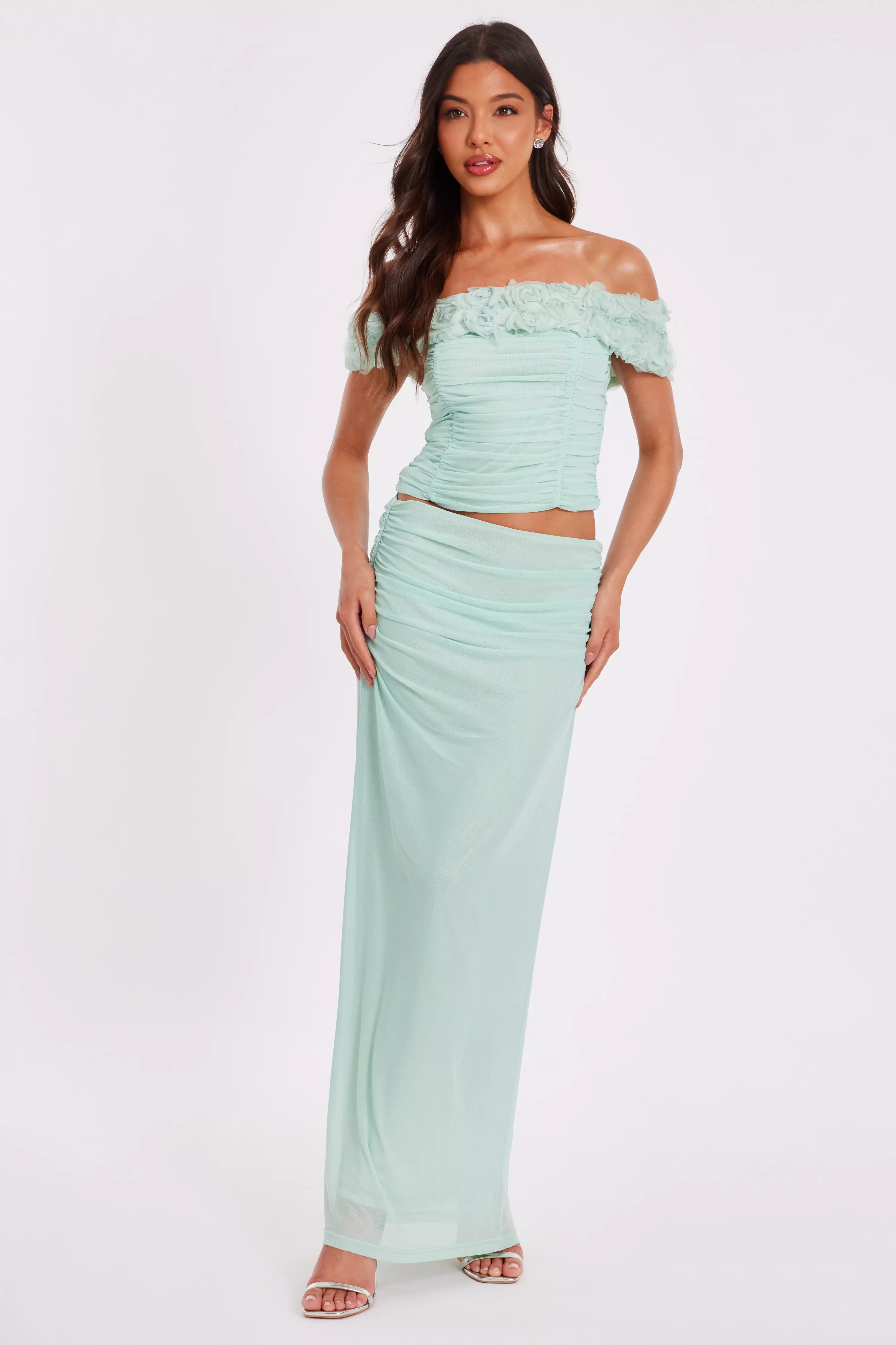 Sage Mesh Ruched Midaxi Skirt