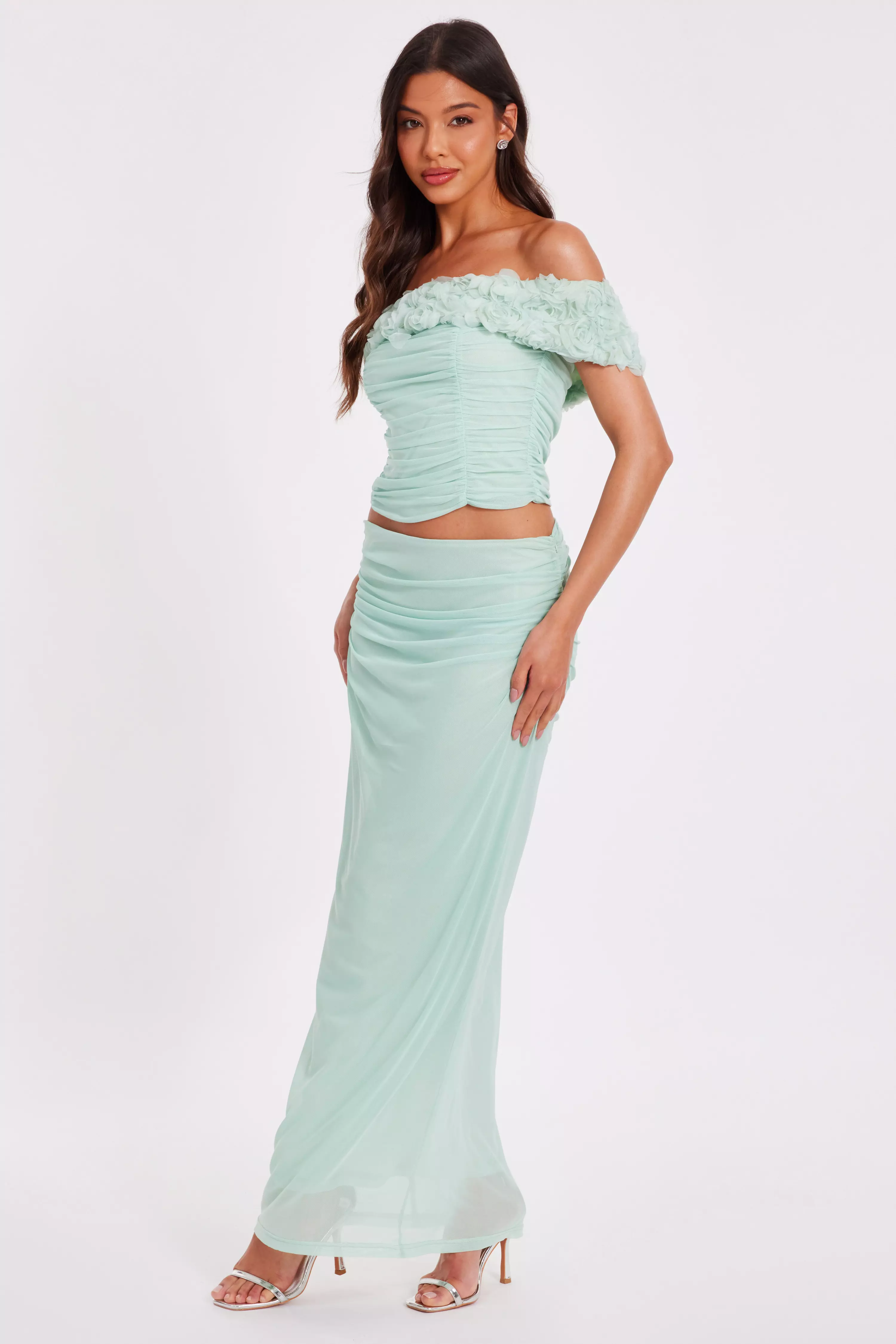 Sage Mesh Ruched Midaxi Skirt