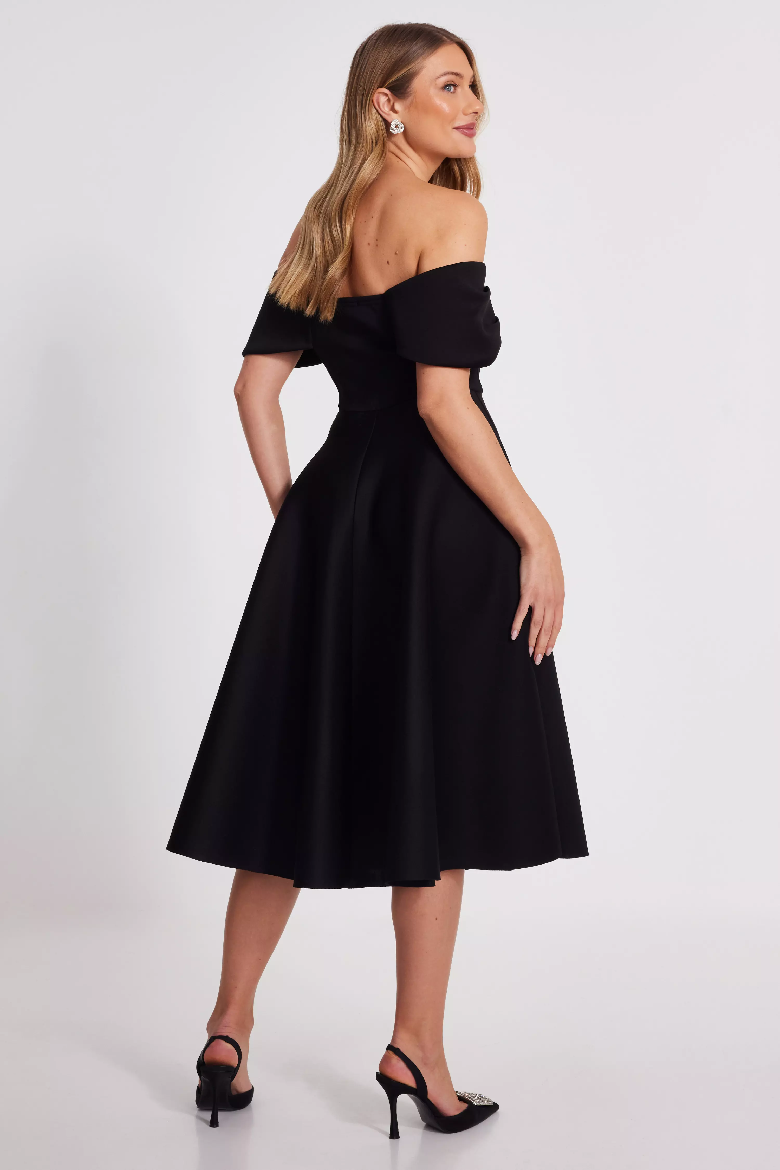 Black Bardot Midi Skater Dress 