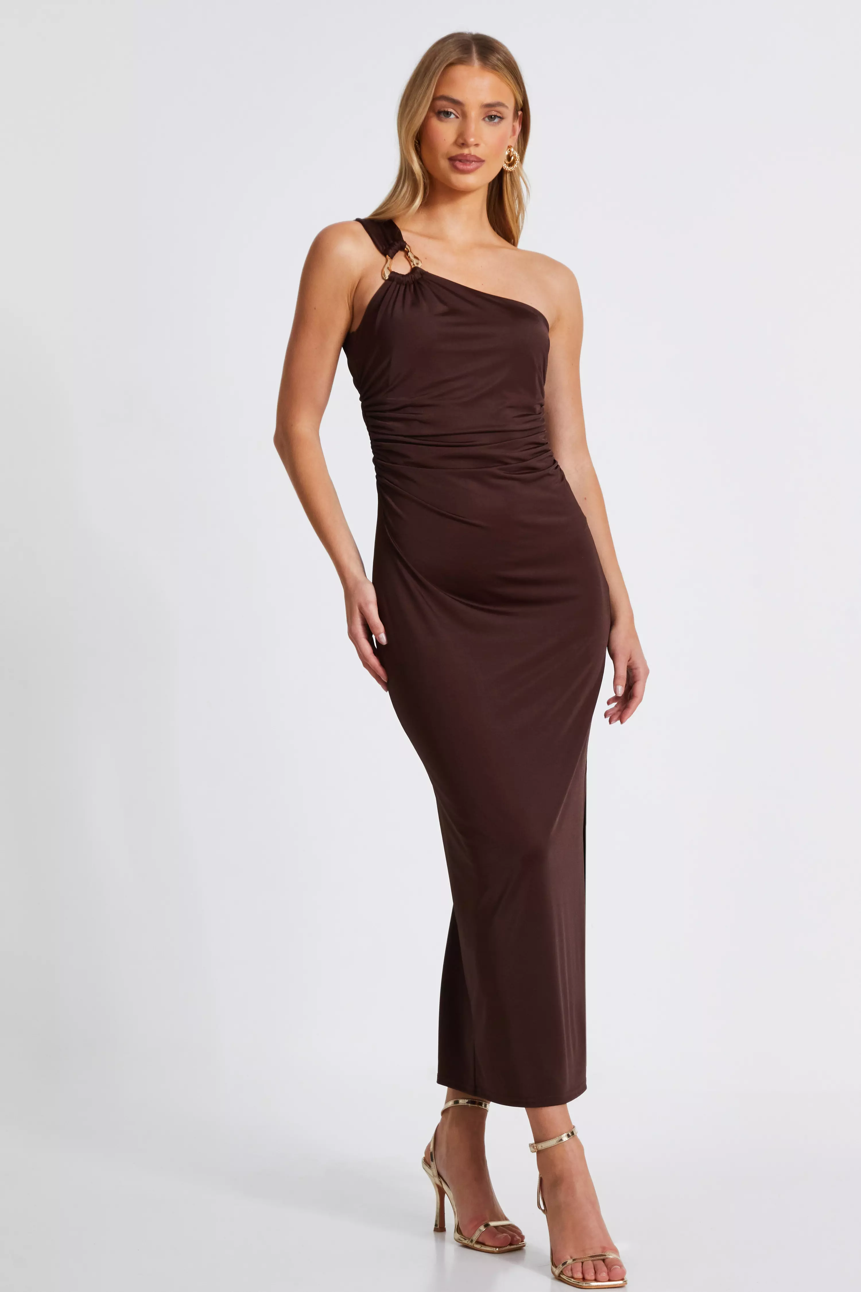 Brown One Shoulder Midaxi Dress 