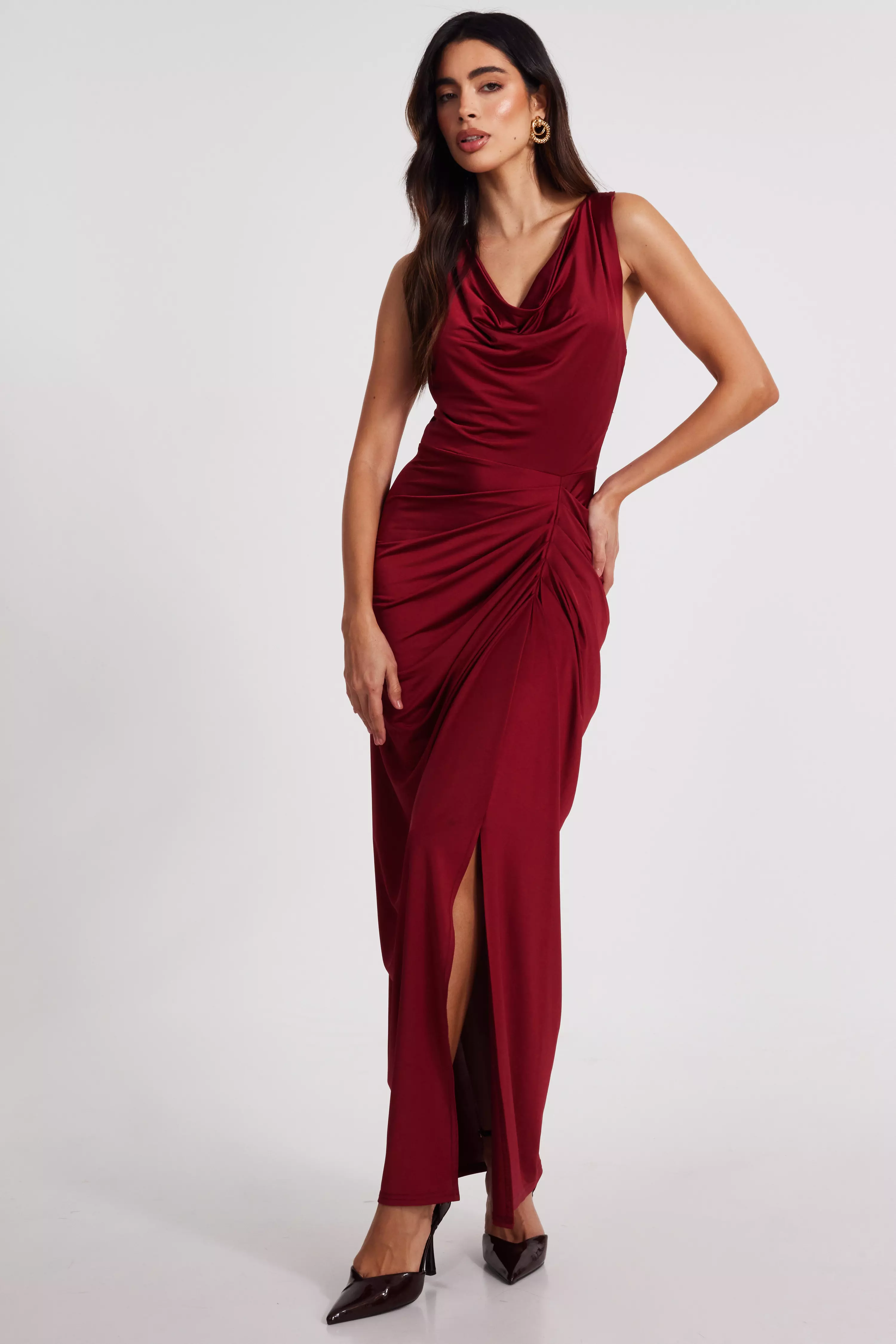 Dark Red Cowl Neck Midaxi Dress