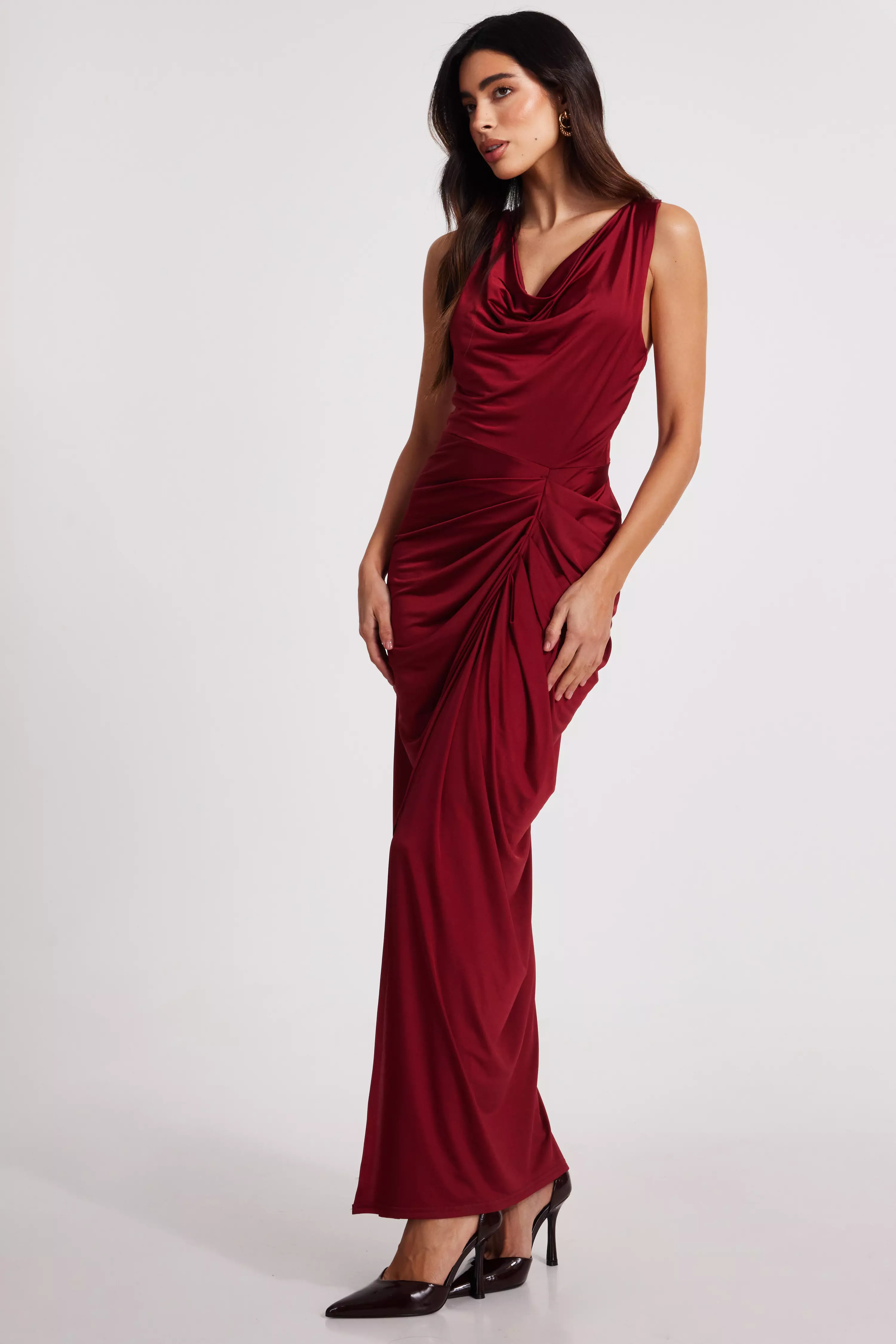 Dark Red Cowl Neck Midaxi Dress