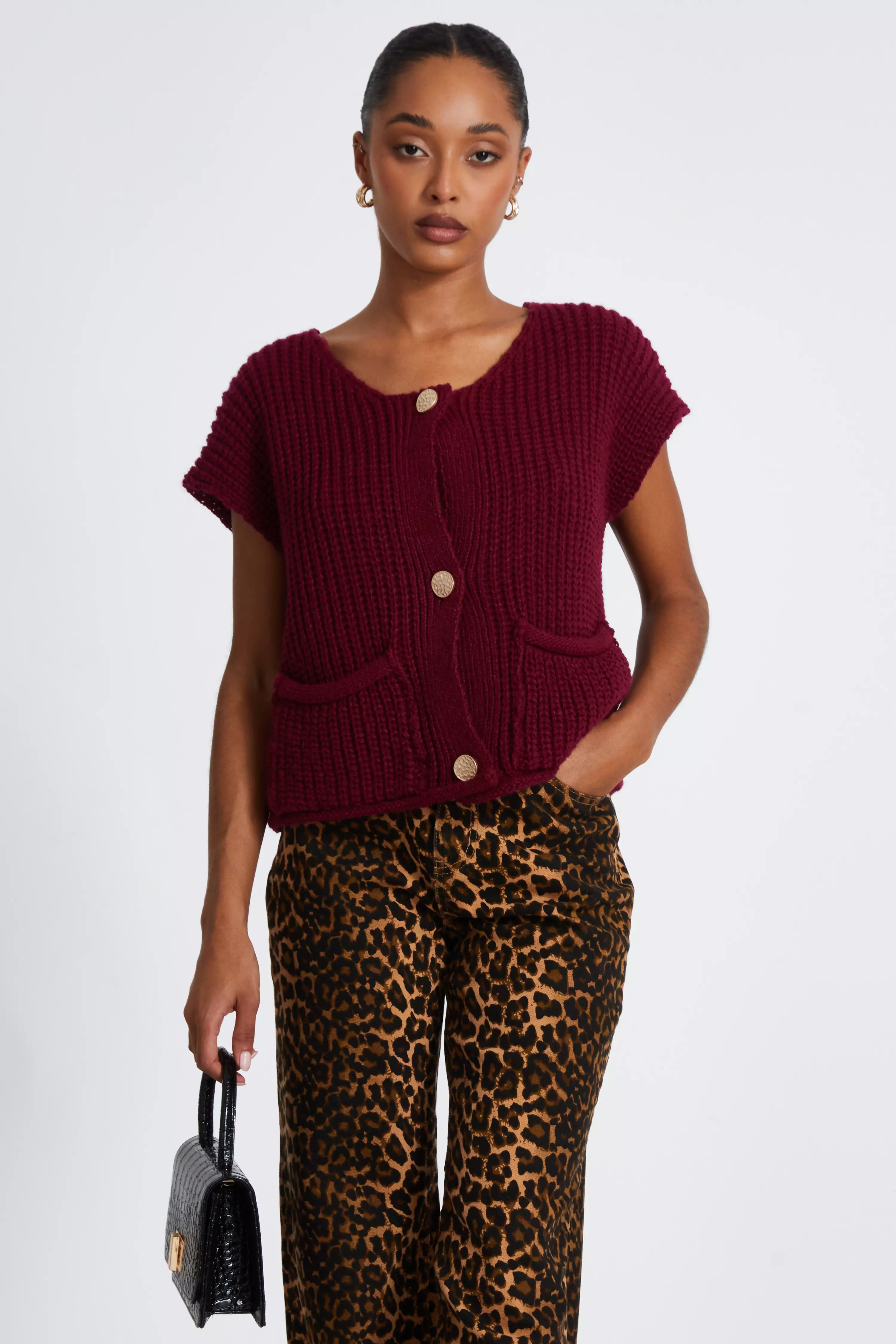 Dark Red Knit Sleeveless Cardigan