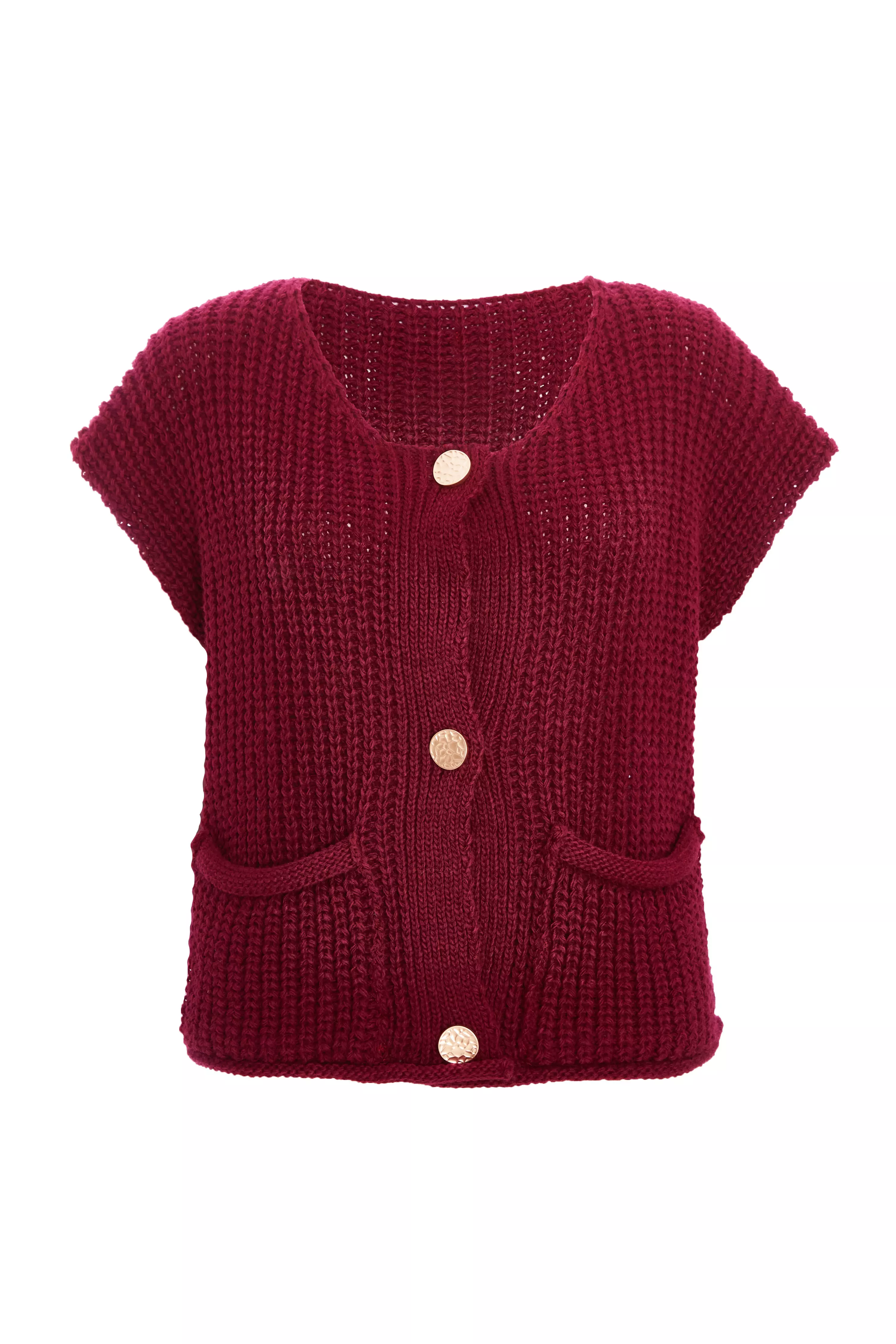 Dark Red Knit Sleeveless Cardigan