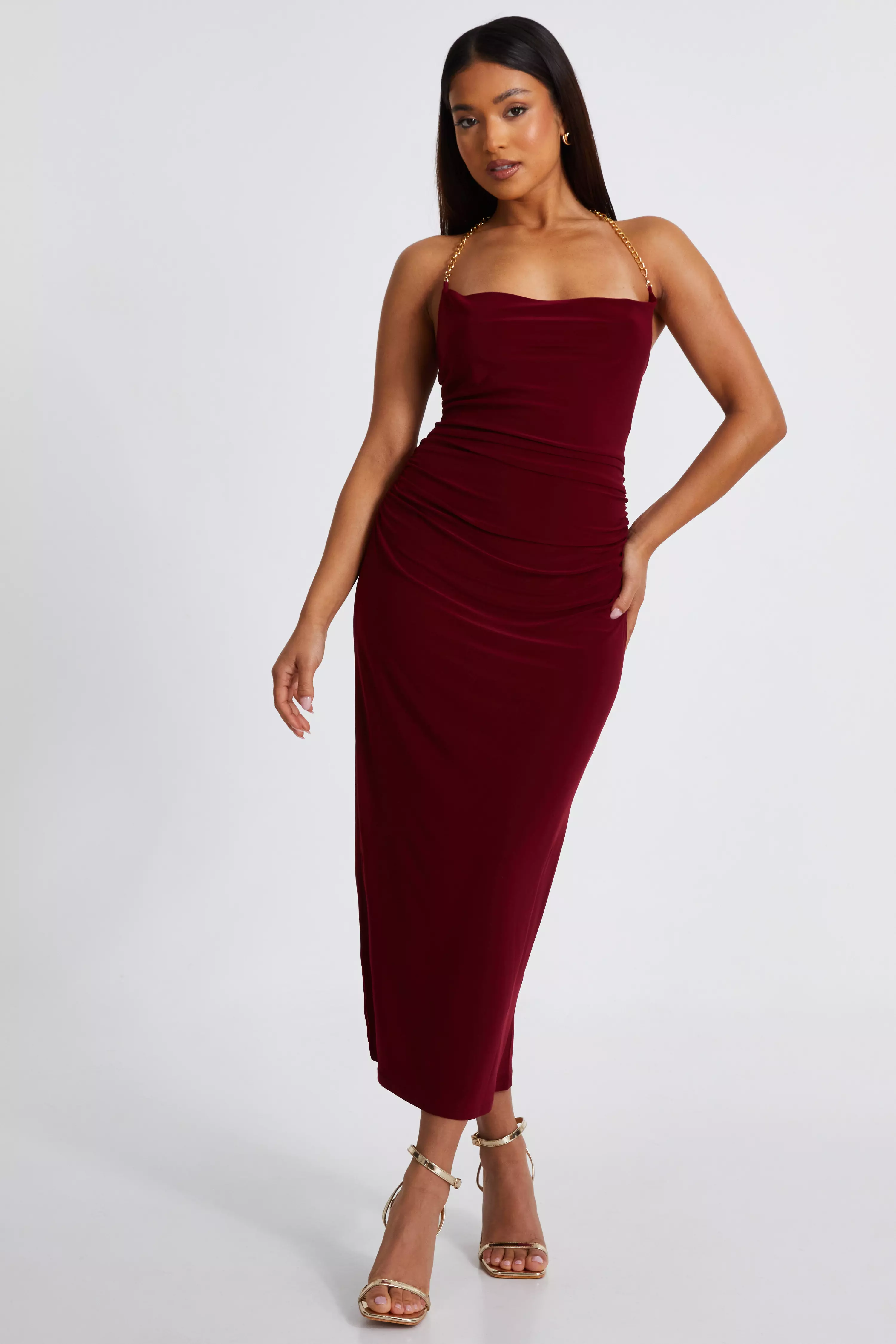 Petite Dark Red Cowl Midaxi Dress 