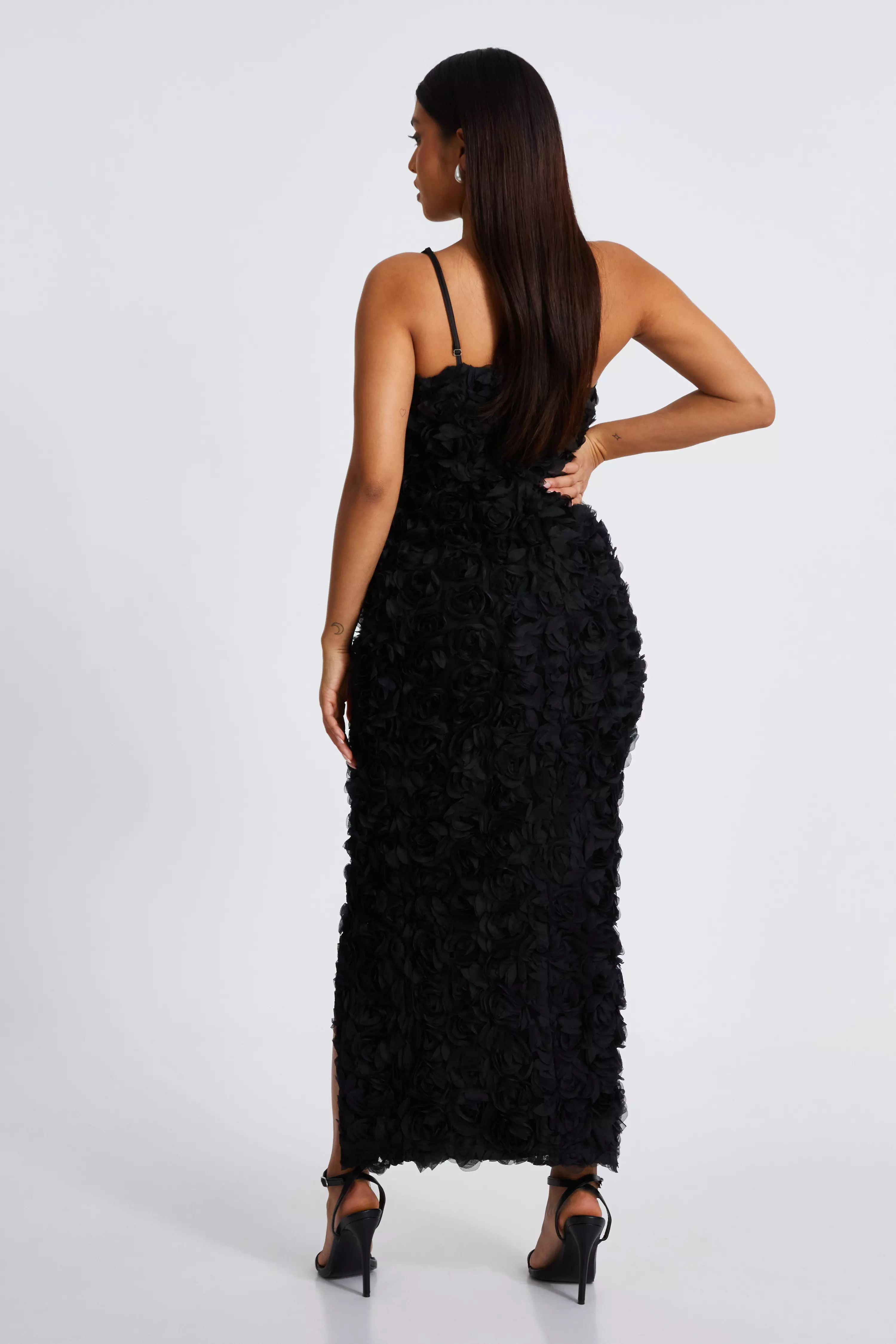 Petite Black One Shoulder Floral Maxi Dress