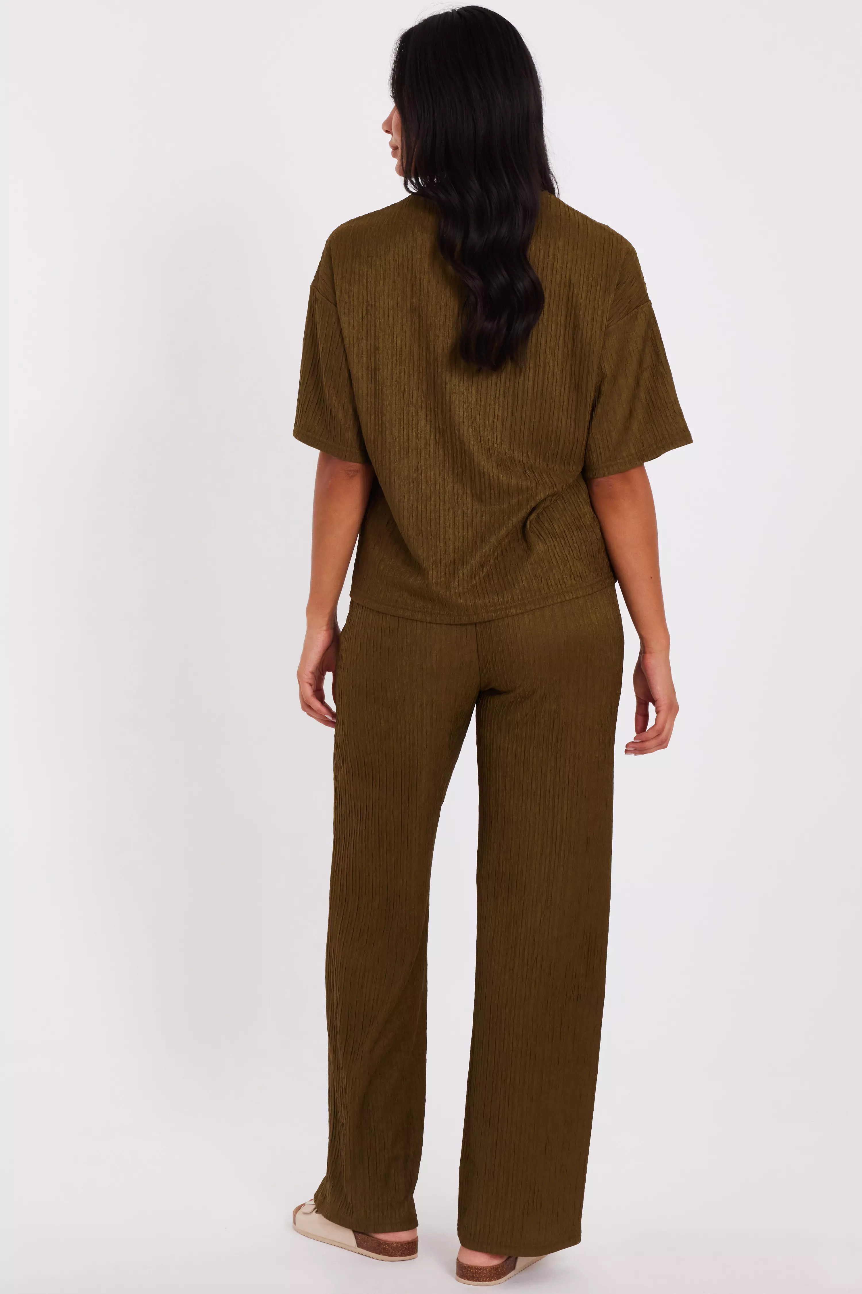 Khaki Textured Palazzo Trousers