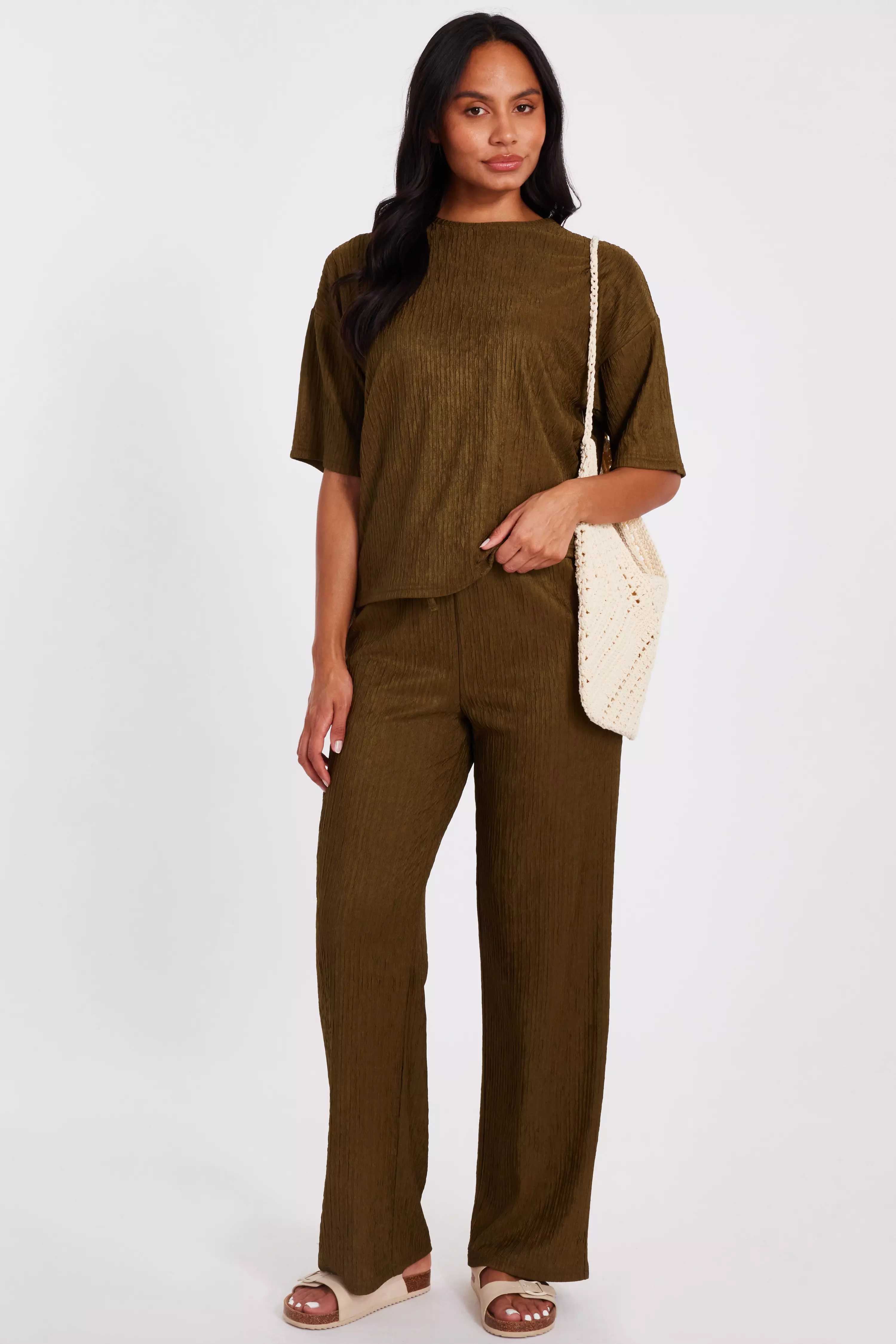Khaki Textured Palazzo Trousers