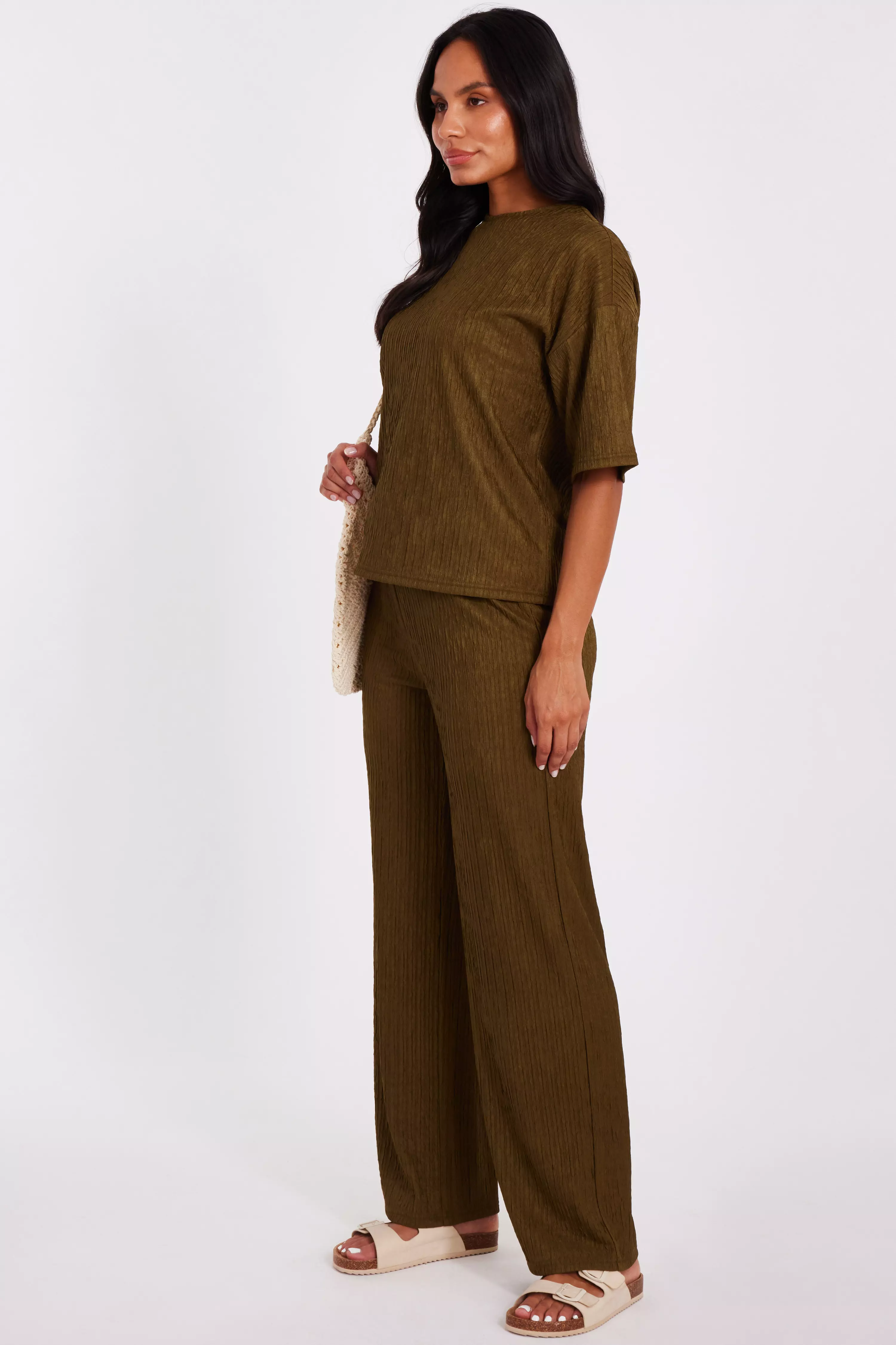 Khaki Textured Palazzo Trousers