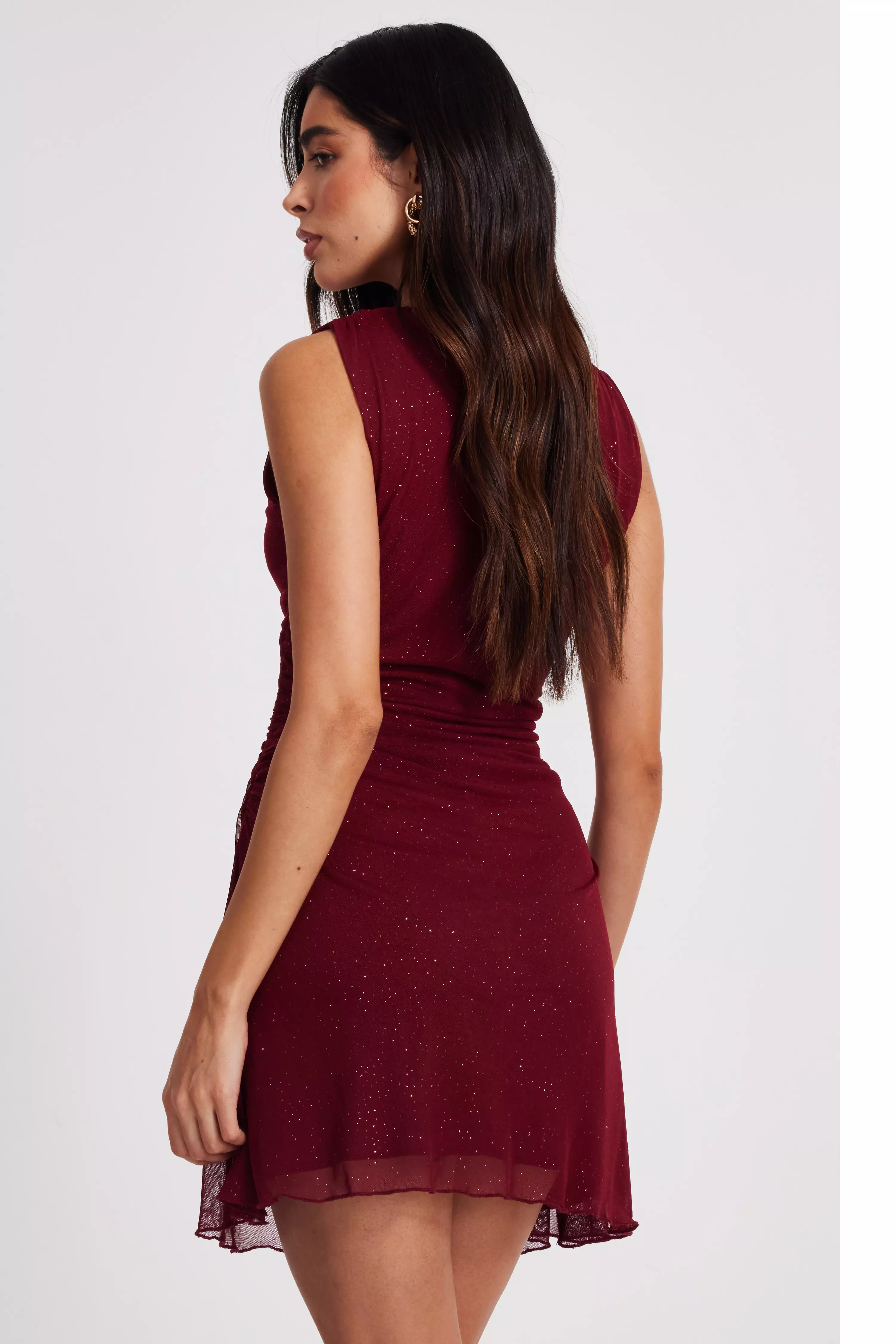 Dark Red Glitter Mesh Mini Dress