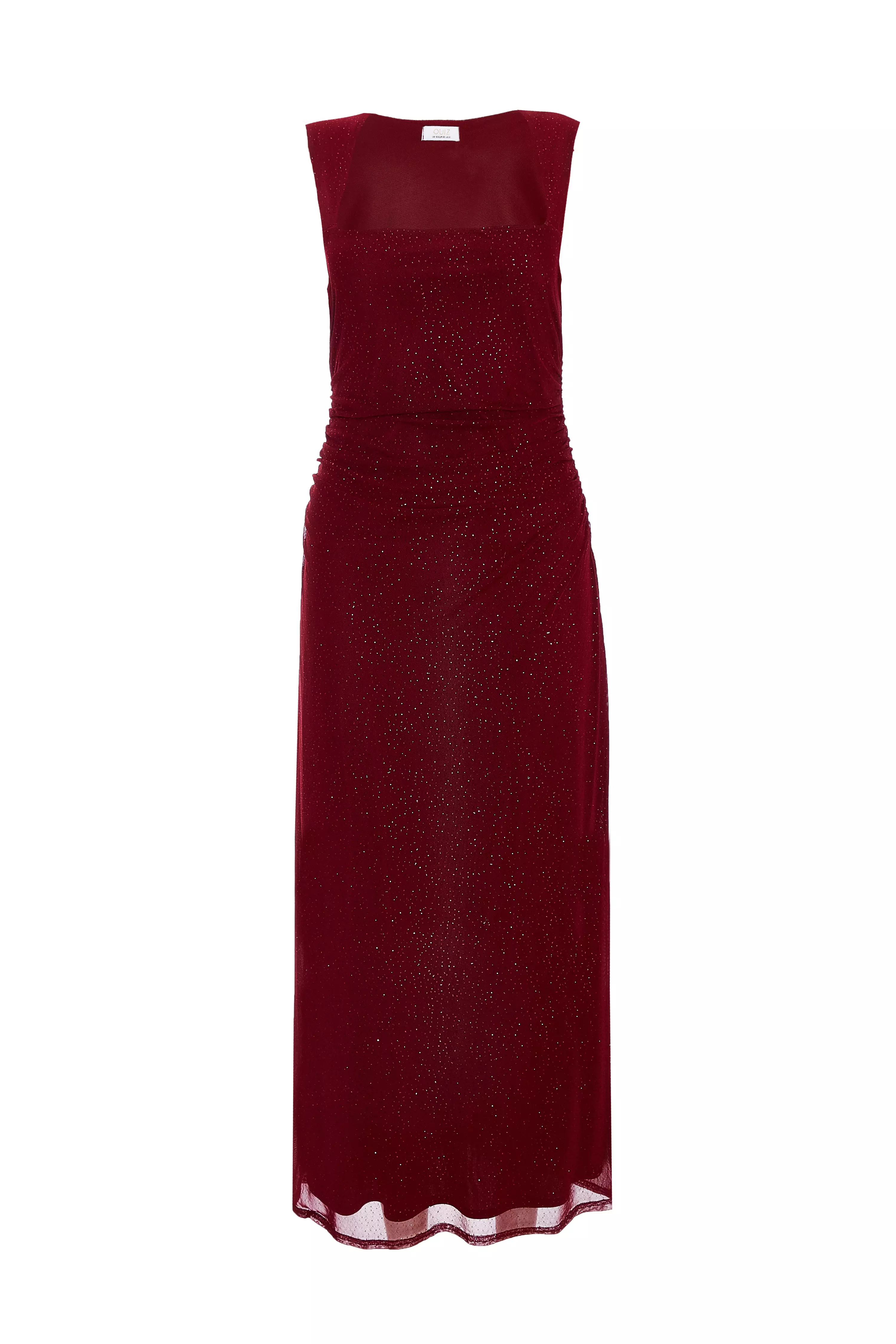 Dark Red Glitter Mesh Midaxi Dress 