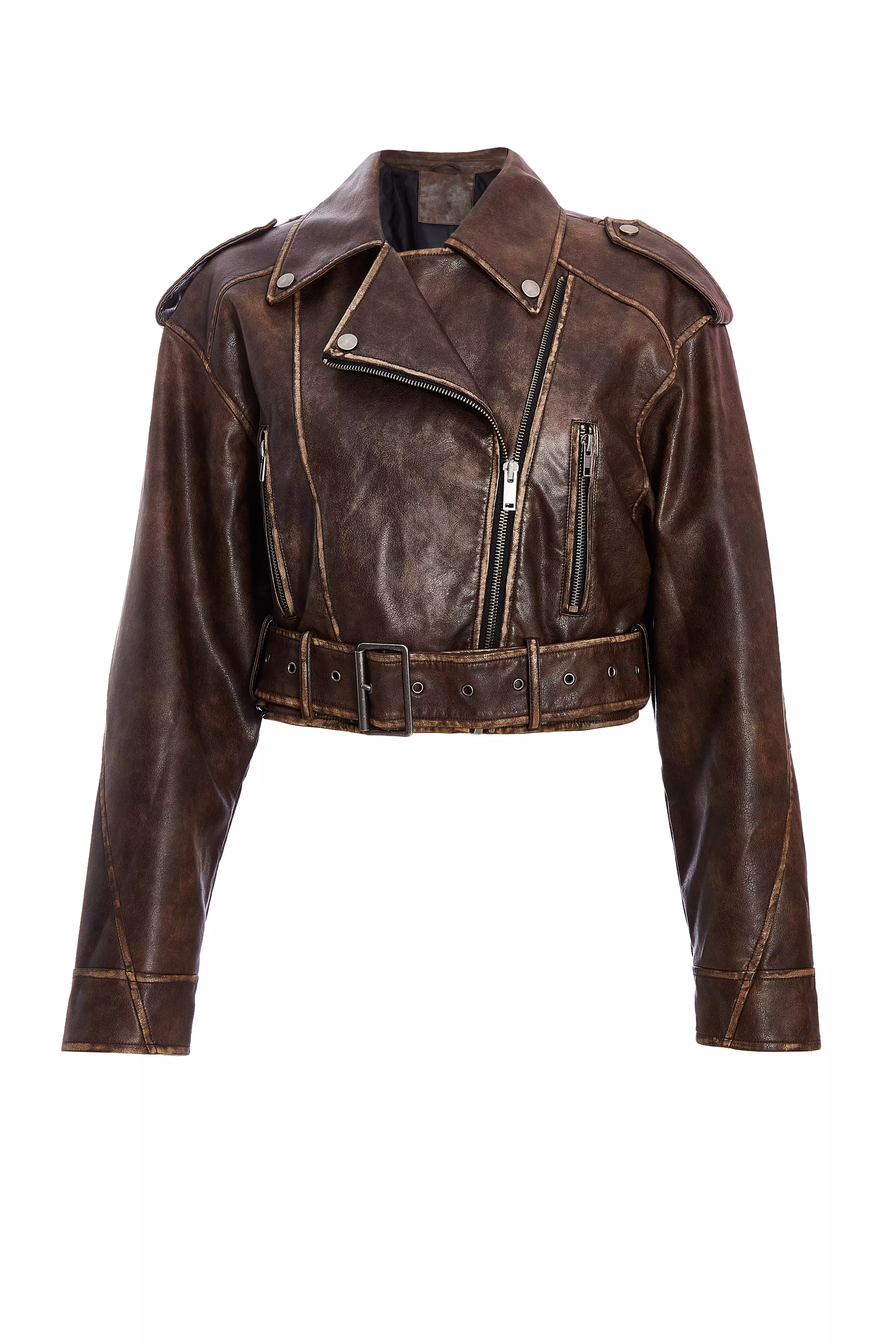 Brown Faux Leather Oversized Biker Jacket