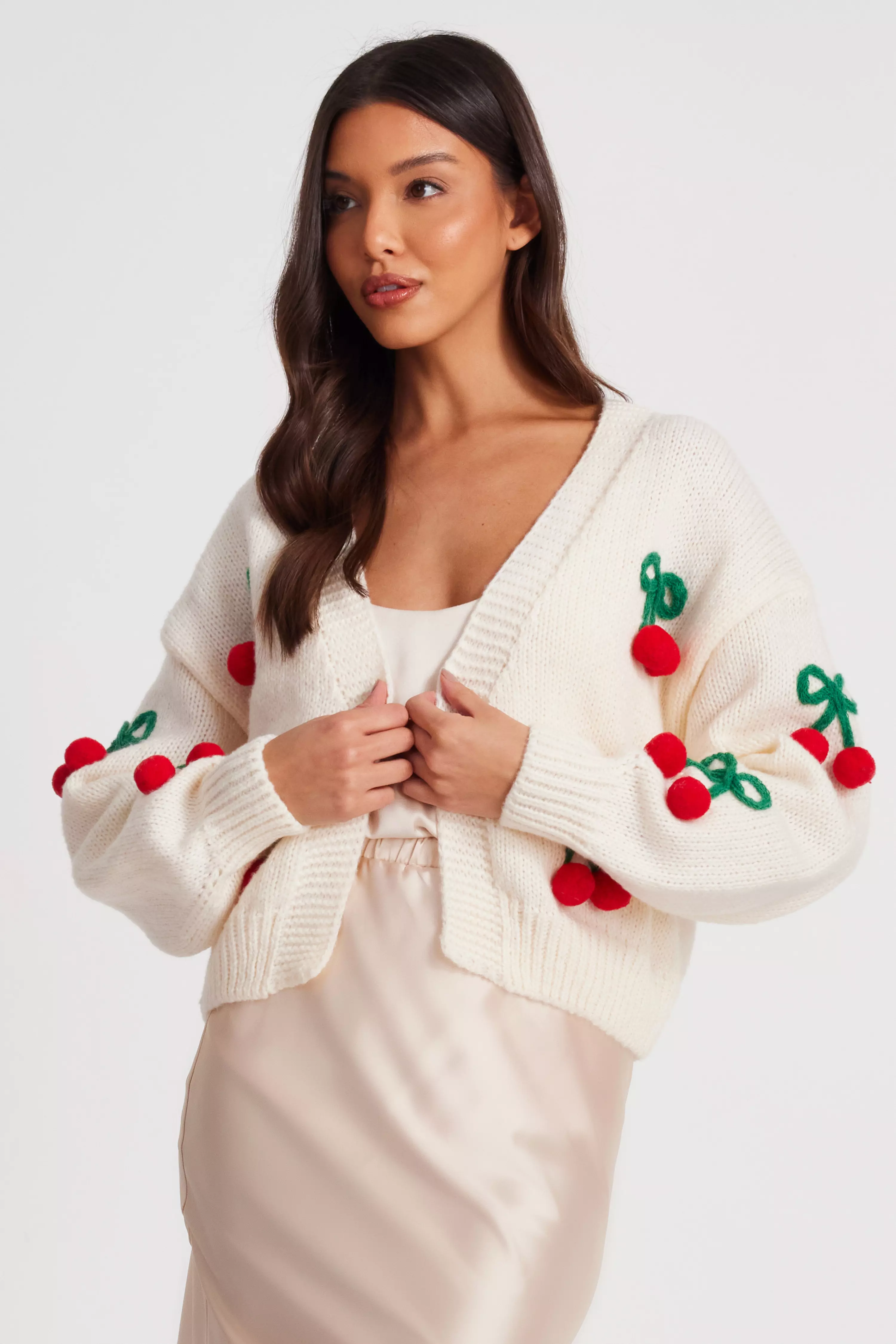 Cream Knit Cherry Detail Cardigan