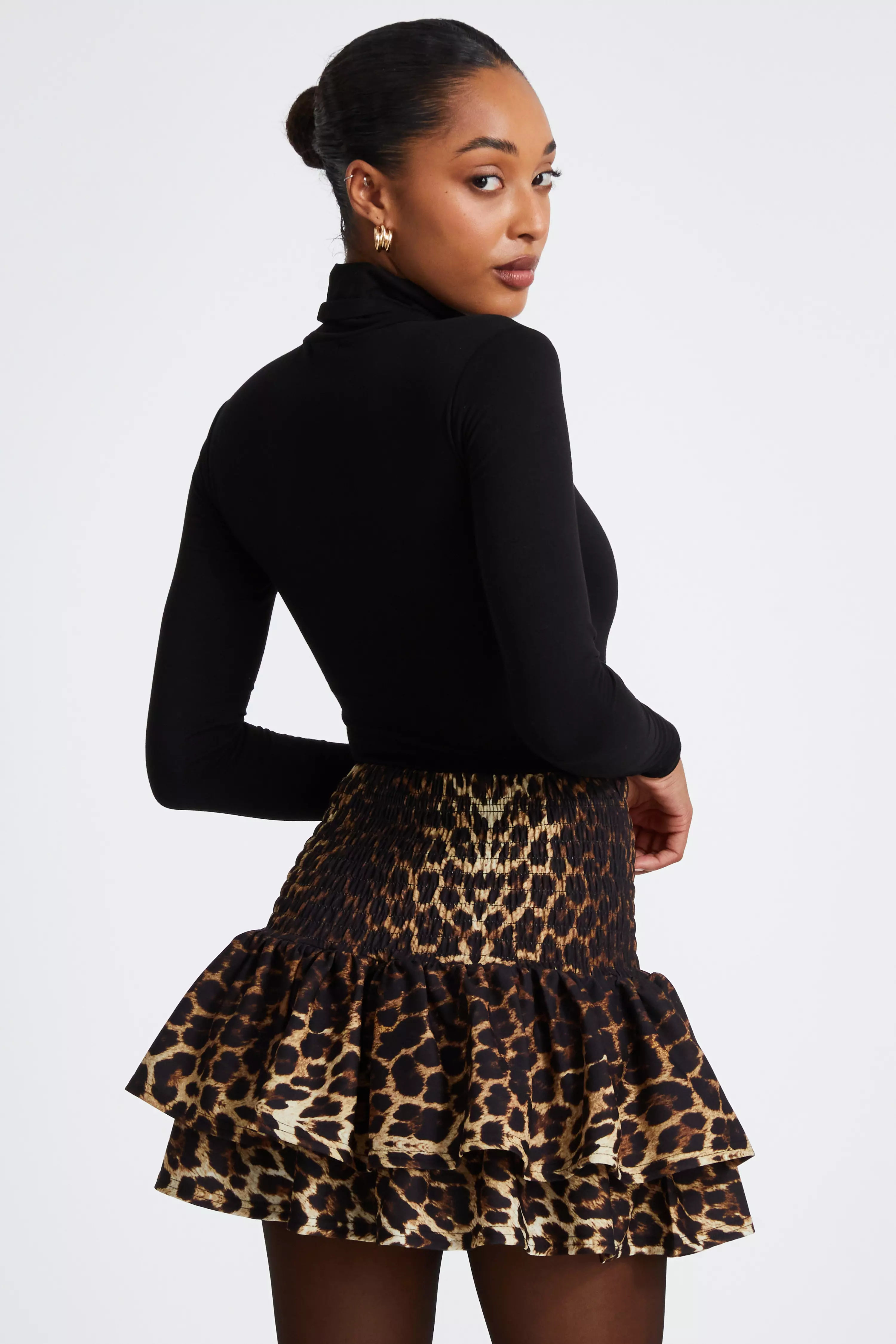 Brown Leopard Print Frill Mini Skirt