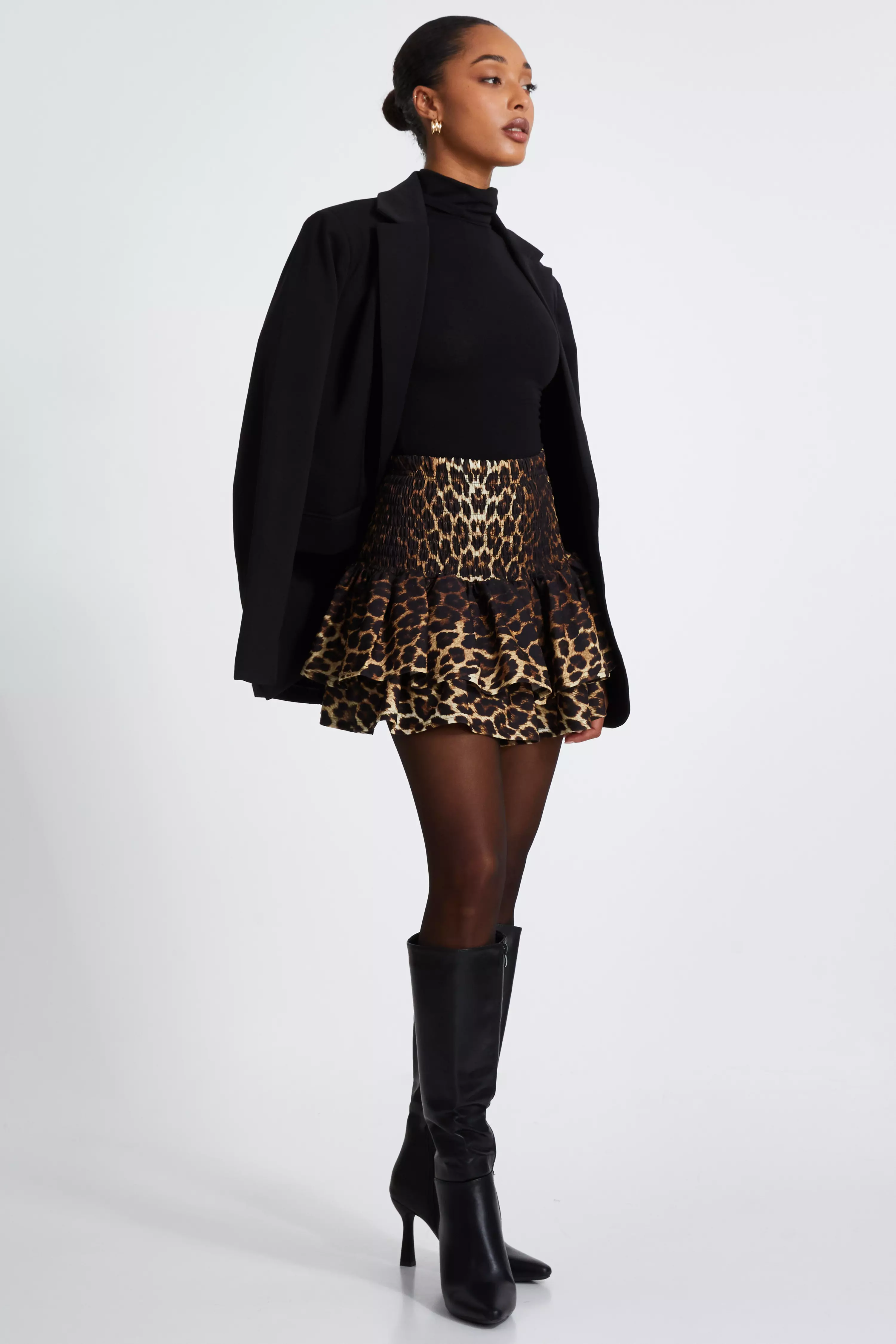 Brown Leopard Print Frill Mini Skirt