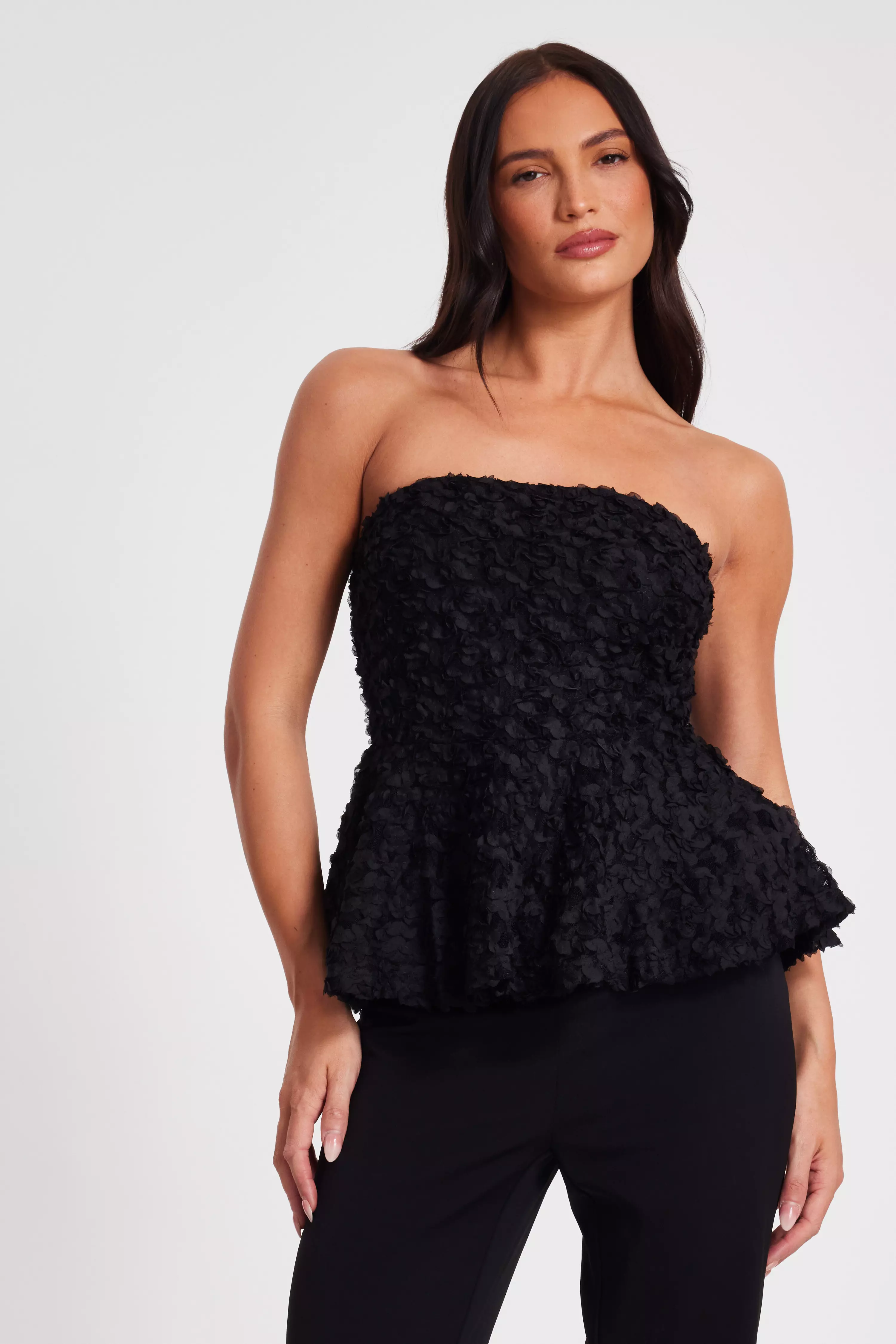 Black Floral Textured Peplum Top  